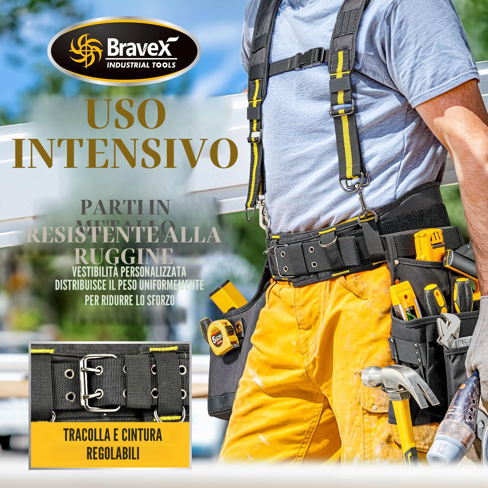 Cintura porta attrezzi con bretelle - Pro Ultra anti-usura con 20 tasche in stile Y, cintura porta attrezzi con 5 sacche combinate per carpentiere, elettricista, in nylon balistico 1200D