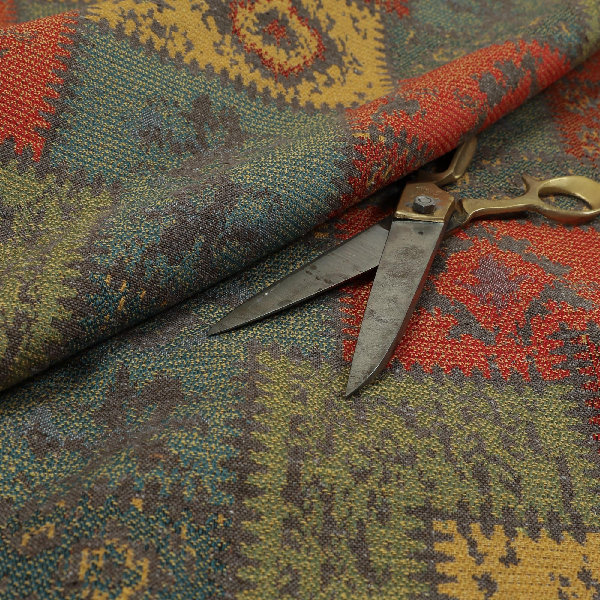 Redbrick Mill Fabrics Grey Red Kilim Patchwork Chenille Blue Green Yellow Upholstery Furniture Fabric, 135Cm Width (Per Metre)