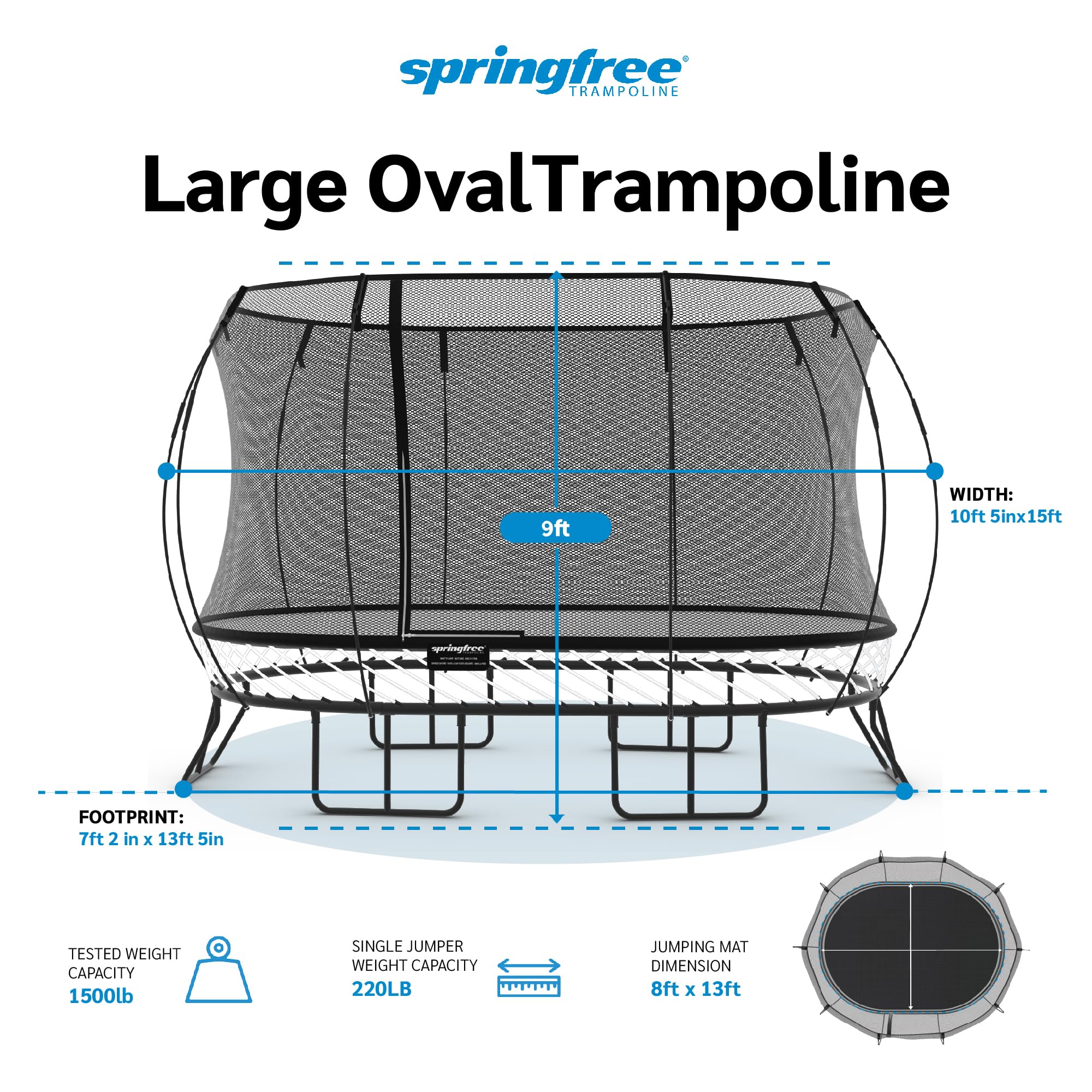 Springfree Oval Outdoor Backyard Trampoline w/Safety Flexi Net Enclosure & Soft Edge Mat - Springless Recreational and Fitness Trampolines for Kids, Adult and Family Jumping