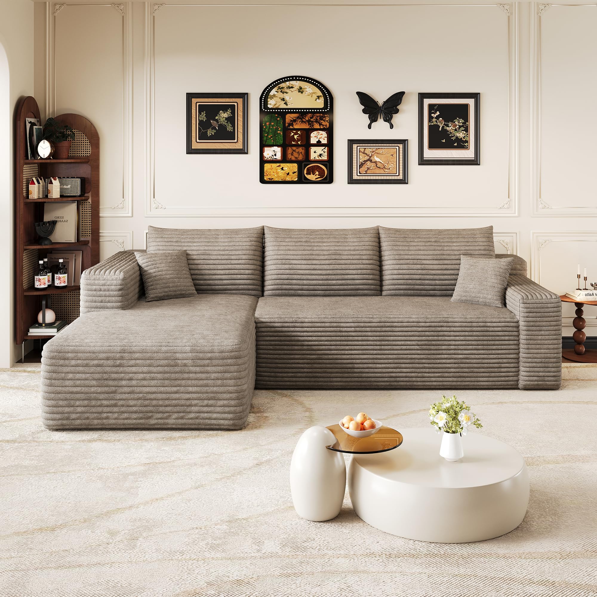 Moderne canapé d'angle Convertible, 239 cm canapé compressé avec méridienne en Forme de L, canapé d Angle modulaire rembourré à Assise Profonde pour Salon(Camel, Angle à Gauche)