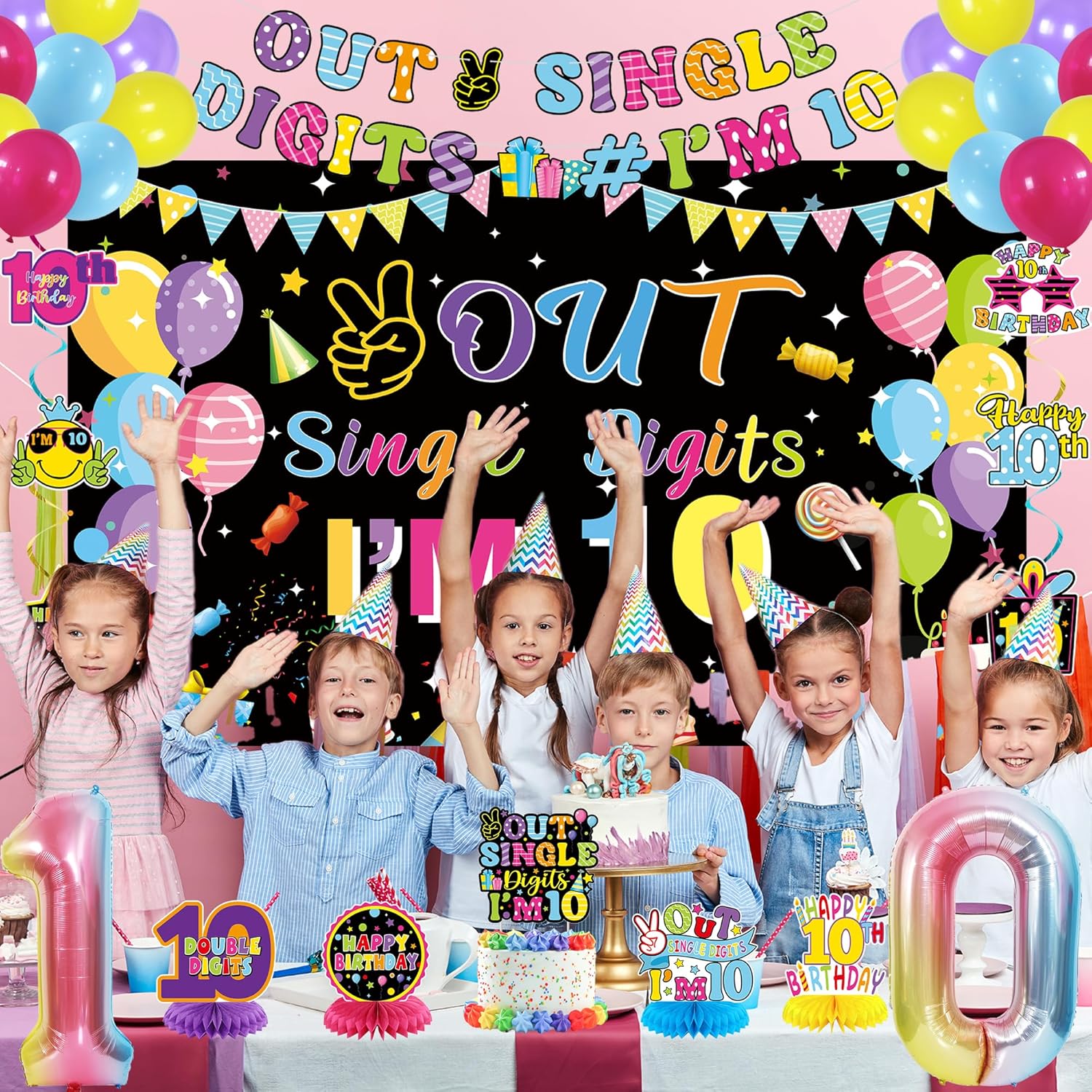 Holkcog 10th Birthday Decorations Colourful Peace Out Single Digits Tenth Birthday Party Backdrop 10 Years Old Happy Birthday Decorations for Girl Boy 10th Birthday Cake Topper Balloon Party Supply