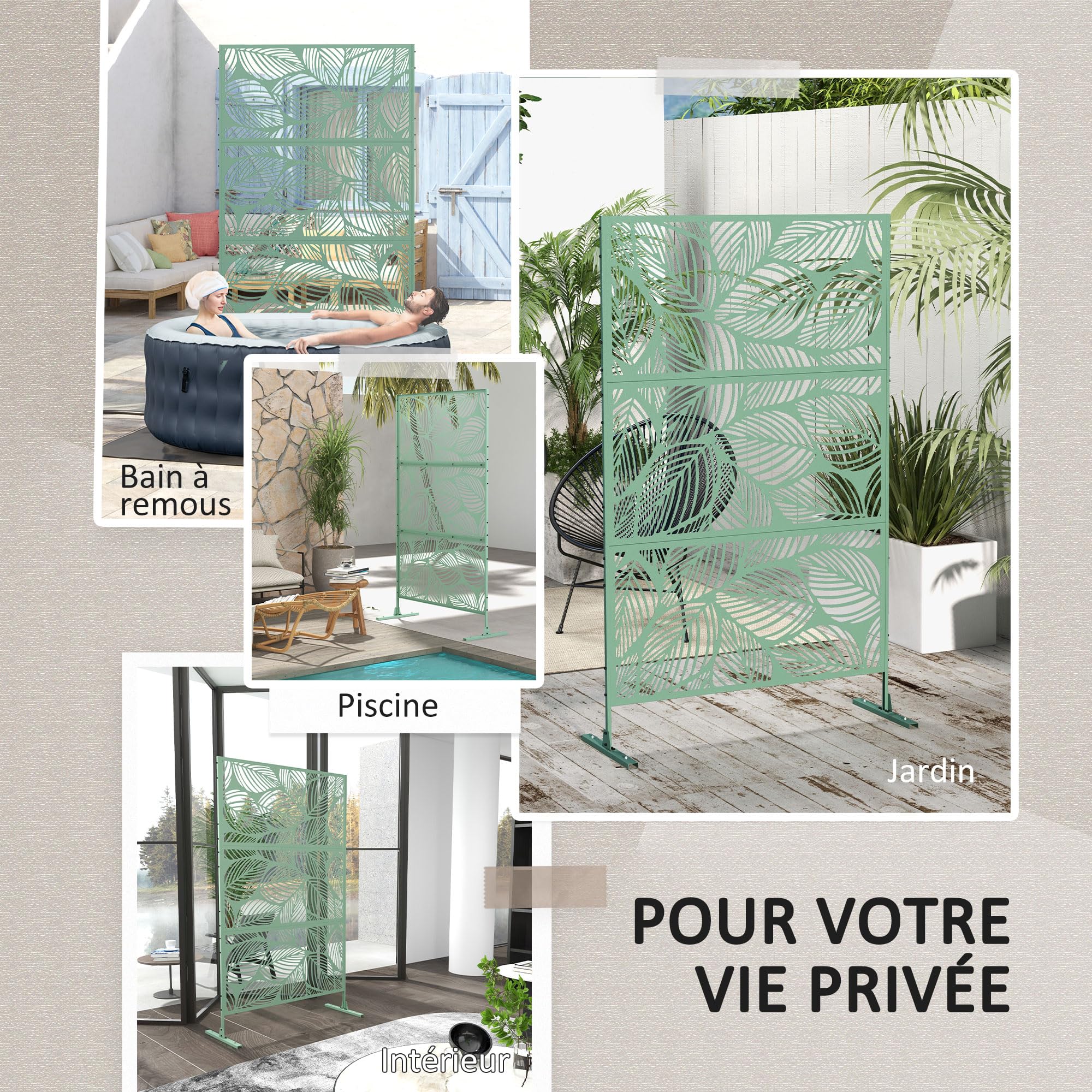 Outsunny Panneau Brise Vue Décoratif Paravent 122 x 45 x 198 cm Vert | Extérieur, Motif Végétal, en Acier