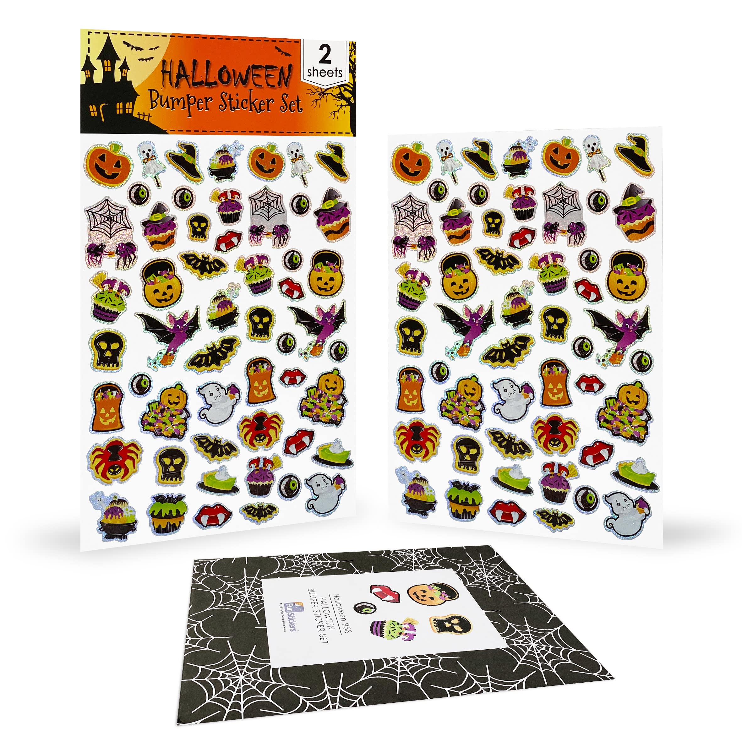 Fun Stickers Halloween Stickers For Children Kids Party Bag Fillers - Self Adhesive Spooky Craft Scrapbook Decorations For Halloween Party - Pumpkin Bat Witch Hat Spider Vampire Teeth Ghost Holographic Stickers