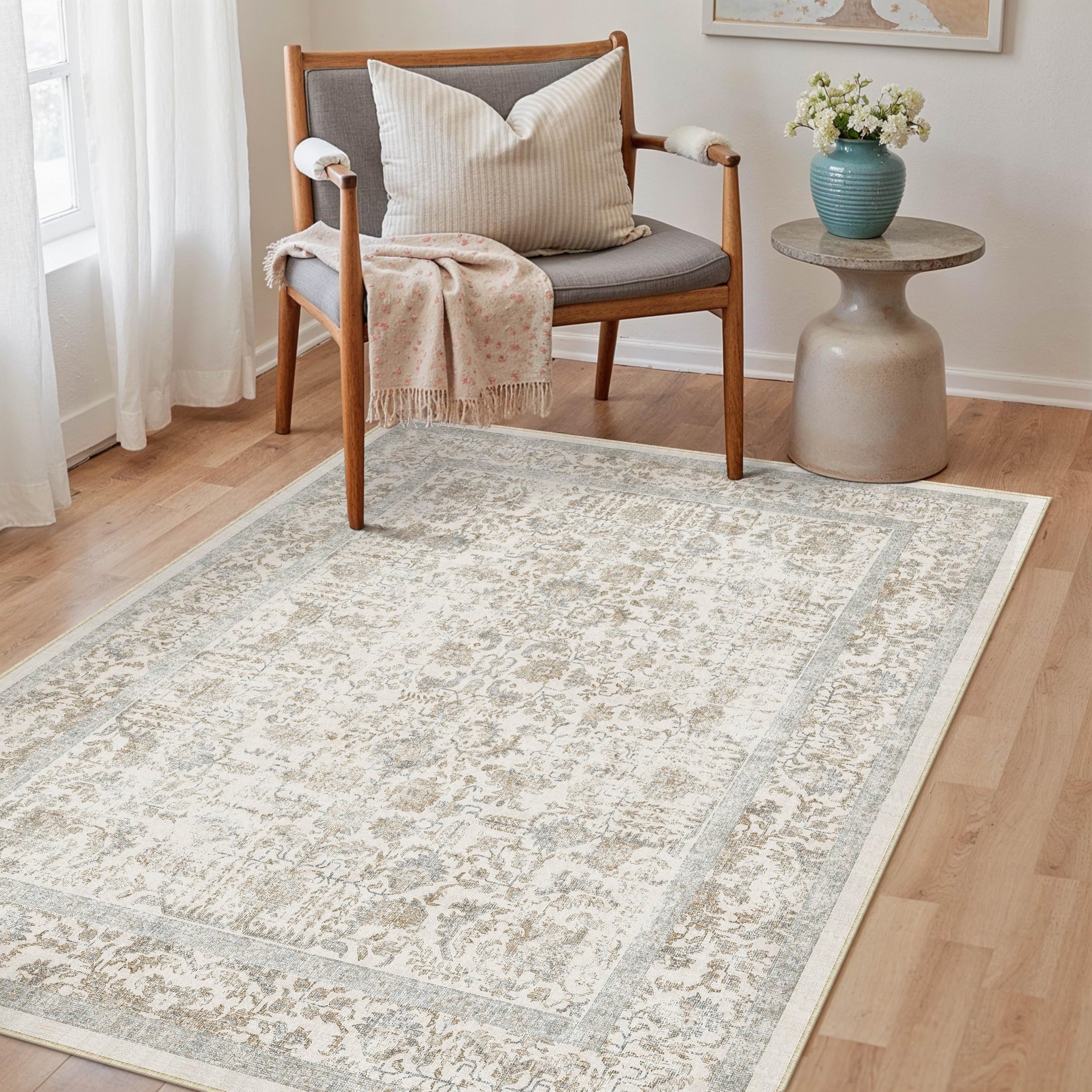 PureCozy Taupe Area Rug 3x4 Office Entryway Rug Machine Washable Kitchen Vintage Distressed Non Slip Carpet Indoor Retro Floral Accent Throw Door Mat for Bathroom Bedroom Dining Living Room โ image 1