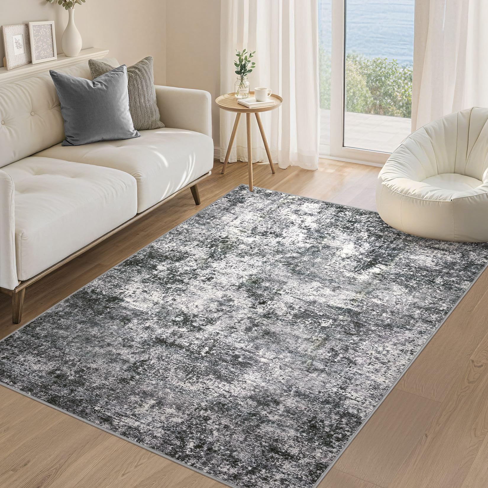 Area Rug Living Room Rugs - 4x6 Large Soft Indoor Neutral Modern Abstract Low Pile Washable Rug Carpet for Bedroom Dining Room Farmhouse Home Office - Grey