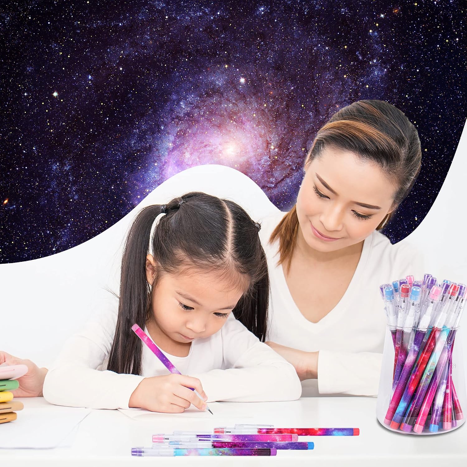 Kolewo4ever 48pcs HB Galaxy Pencils Kawaii Cute Multipoint Pencil Push Translucent Non Sharpening Stackable Pencils Pop Up Plastic Pencil for Classroom Rewards Carnival Prizes (Galaxy)
