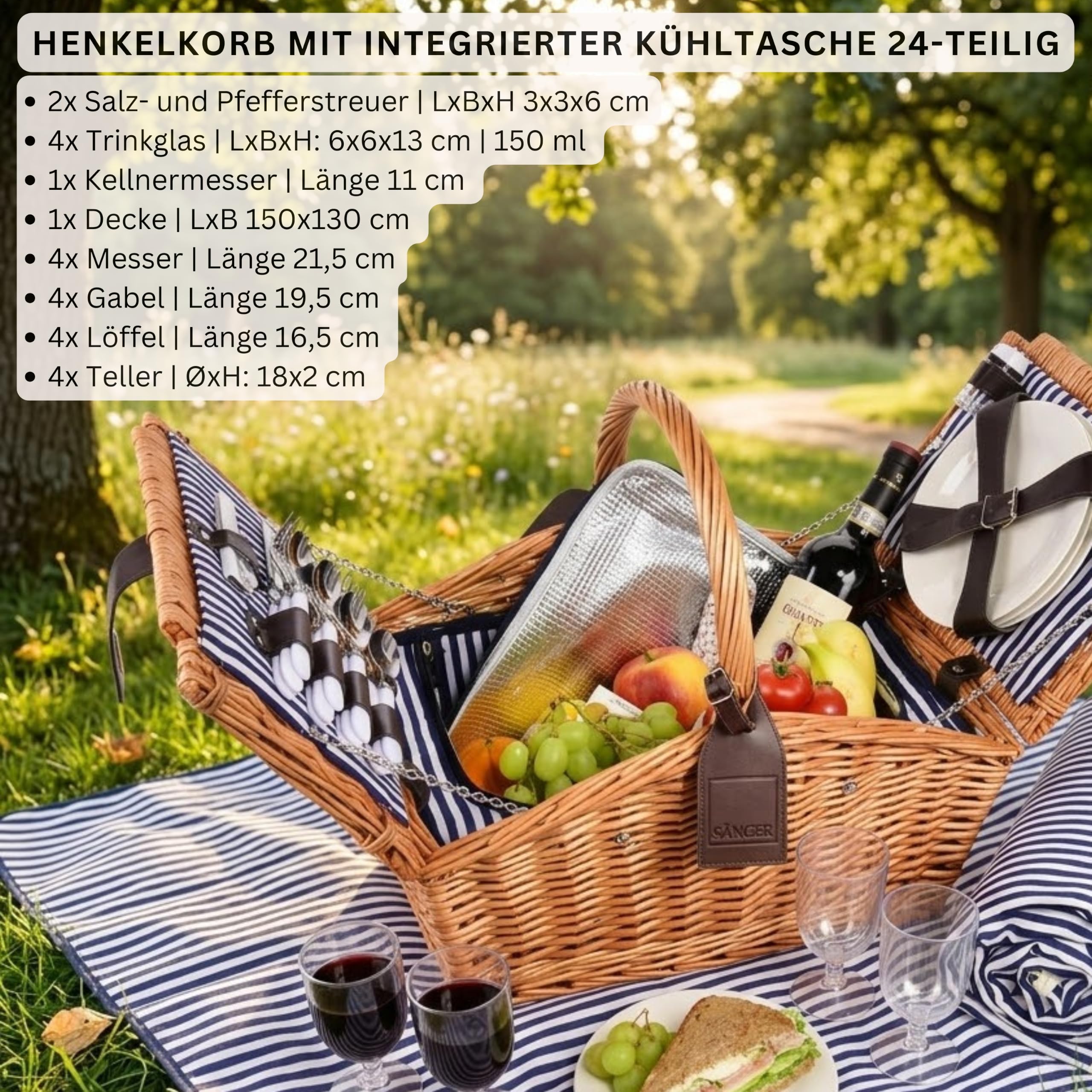 Sänger | Picknickkorb Sylt, 24-teiliges Komplettset für 4 Personen, Picknickkorb Groß, Picknick Decke & Geschirr