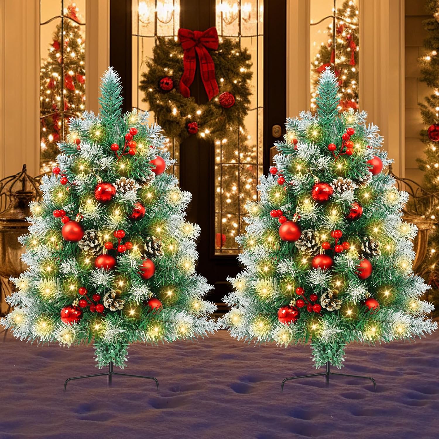 2 Pack Outdoor Christmas Tree 60CM , Small with Pine Cones and Gold&red Balls 30 LEDs, Decorated Green Xmas Tree for Pathway