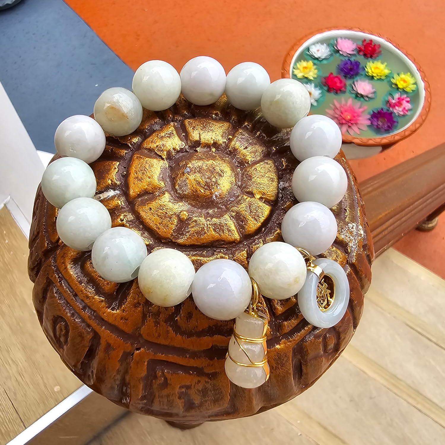 My Pet Elephant Heavens Tvcz Natural Thai Jade Bracelet 13.5mm Beads for Women with Lucky Jì Fú Coin & Calabash Prosperity Charm, Good Luck, Blessing, Spiritual Jewelry Gift, Free Skull Iron-On Patch - Image 6
