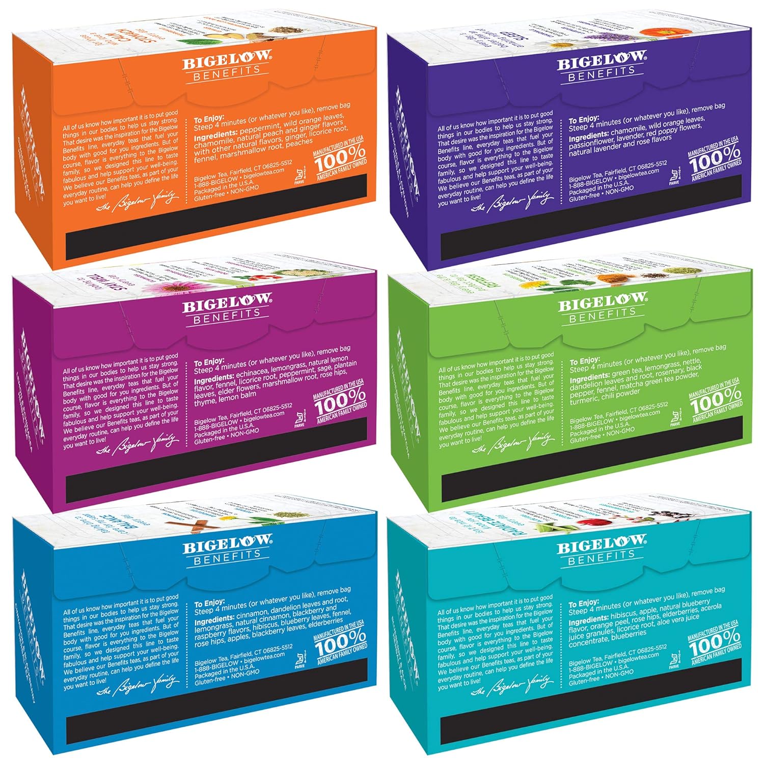 Bigelow Tea Benefits Wellness Teabag Variety Pack, Mixed Caffeinated Green Matcha & Caffeine-Free Herbal Tea, 18 Count Box (Pack of 6) 108 Tea Bags Total : Everything Else