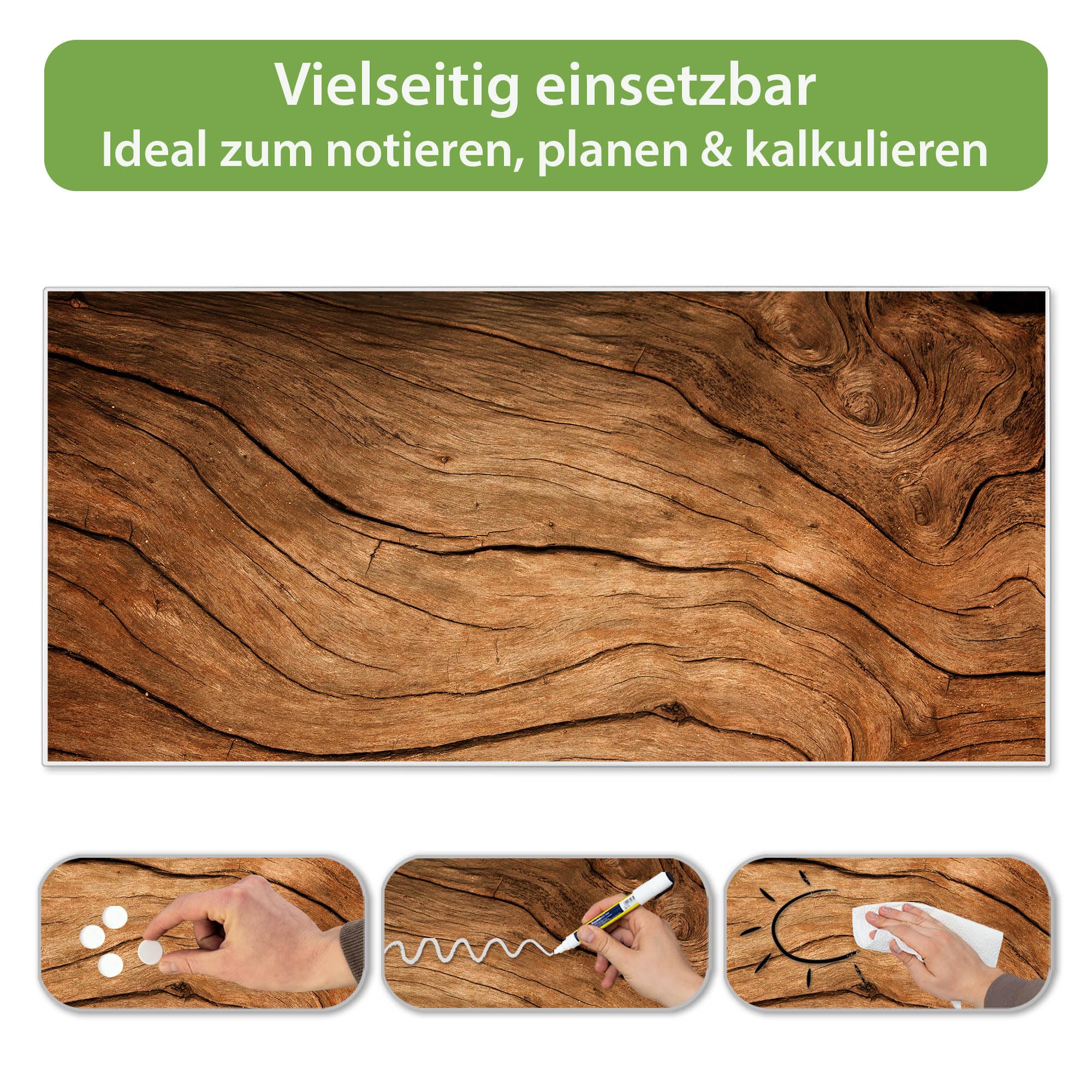 banjado Magnettafel Metall 78 x 37cm - beschreibbare Magnettafel - Metall Pinnwand als Memoboard - Magnetwand Küche, Büro, Kinderzimmer Weiß inkl. 4 Magnete & Montageset - Motiv Trockenes Holz