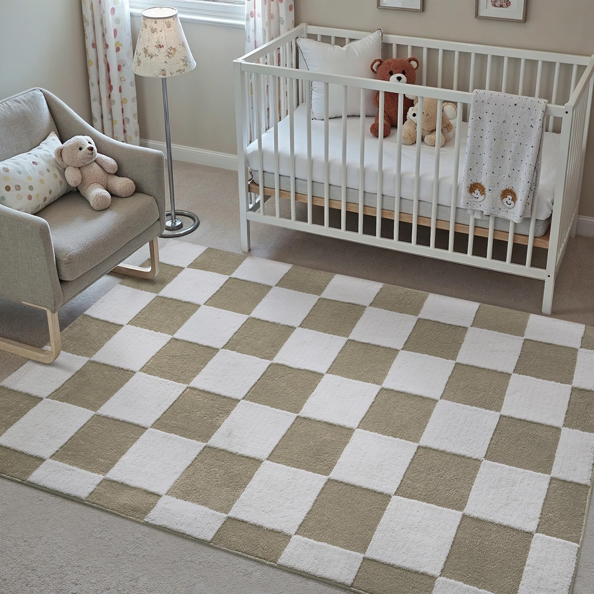 PureCozy Kariert Teppich Wohnzimmer 80x150cm Beige Weiß Schlafzimmer Waschbarer Teppiche 3D Effekt Kinderzimmer Kinderteppich Esszimmer Kurzflor Weich rutschfest Groß Carpet