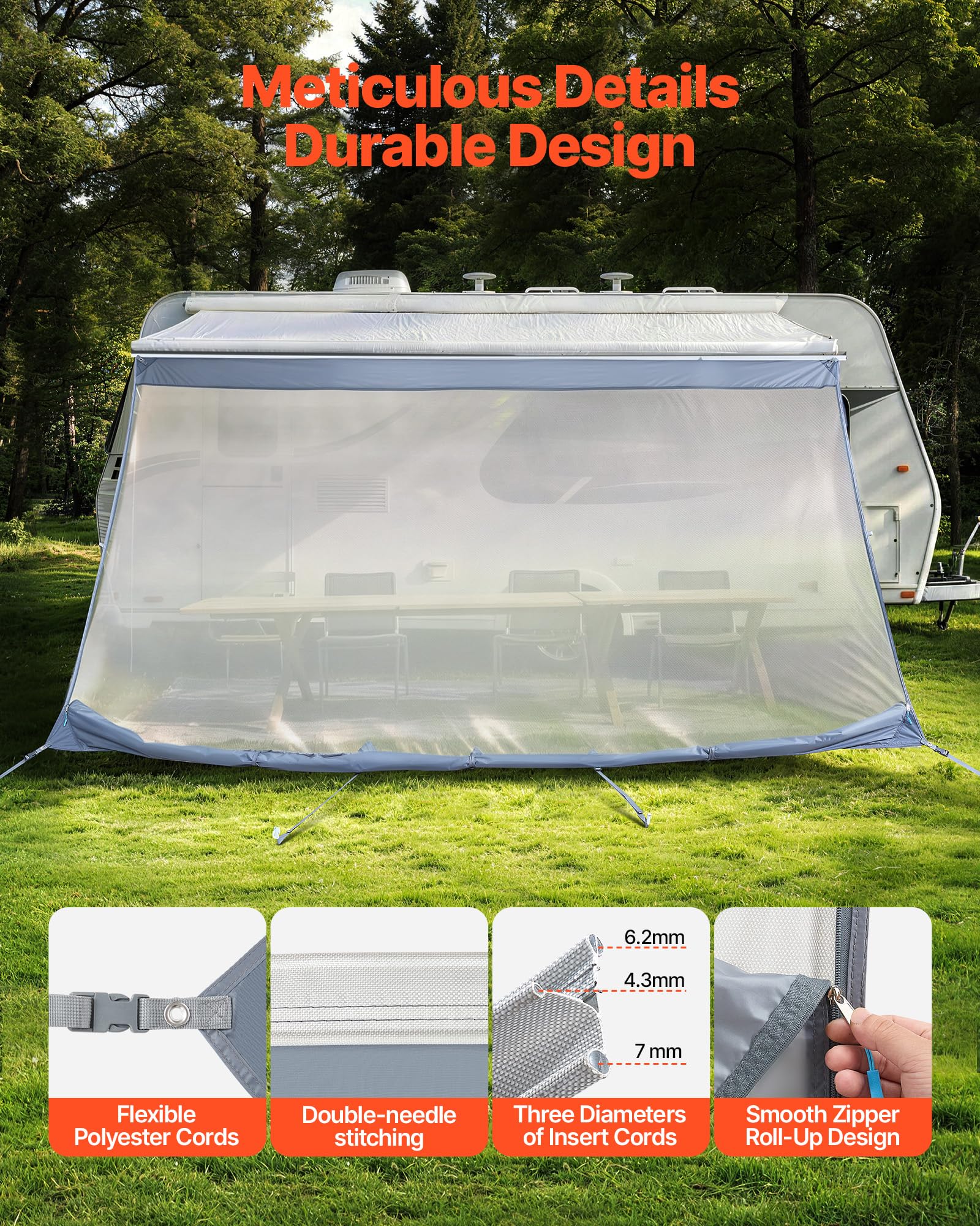 VEVOR Parasole per Camper Roulotte 2 x 3,7 m Pannello Frontale Tenda da Sole Poliestere Anti UV50+