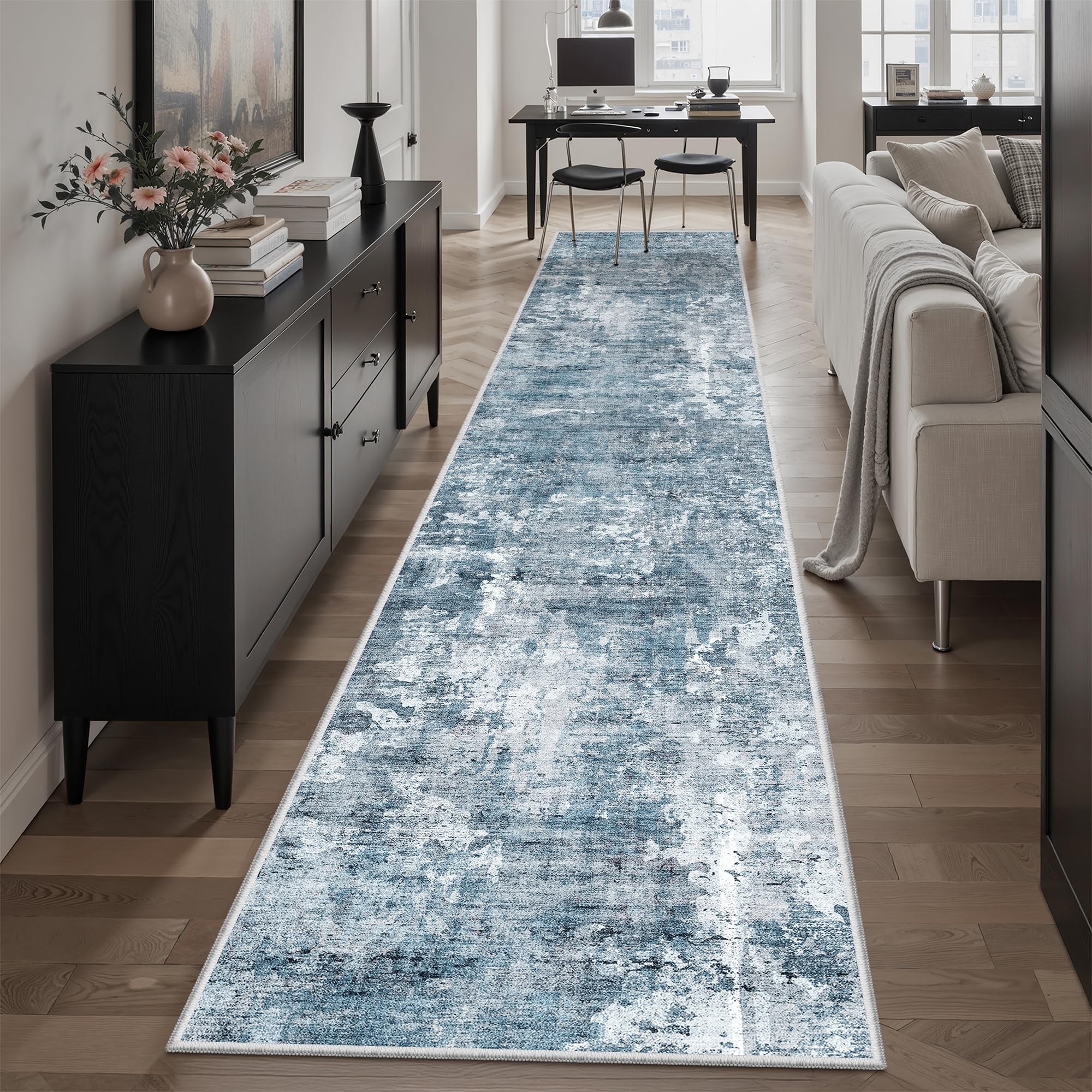 Soalmost Runner Rug 2'x10' Abstract Washable Non-Slip Runner Rugs for Kitchen Bathroom Laundry Room Blue Vintage Floor Carpet Runners for Hallway