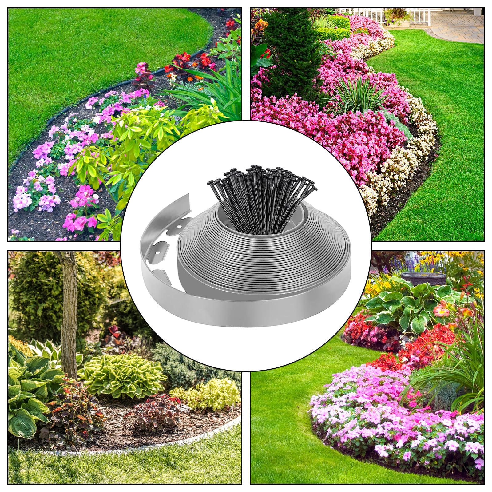 Bordo flessibile per prato, in plastica, 10 m x 5 cm, con 50 picchetti, idea da giardino per giardini, aiuole e sentieri di cortile, grigio