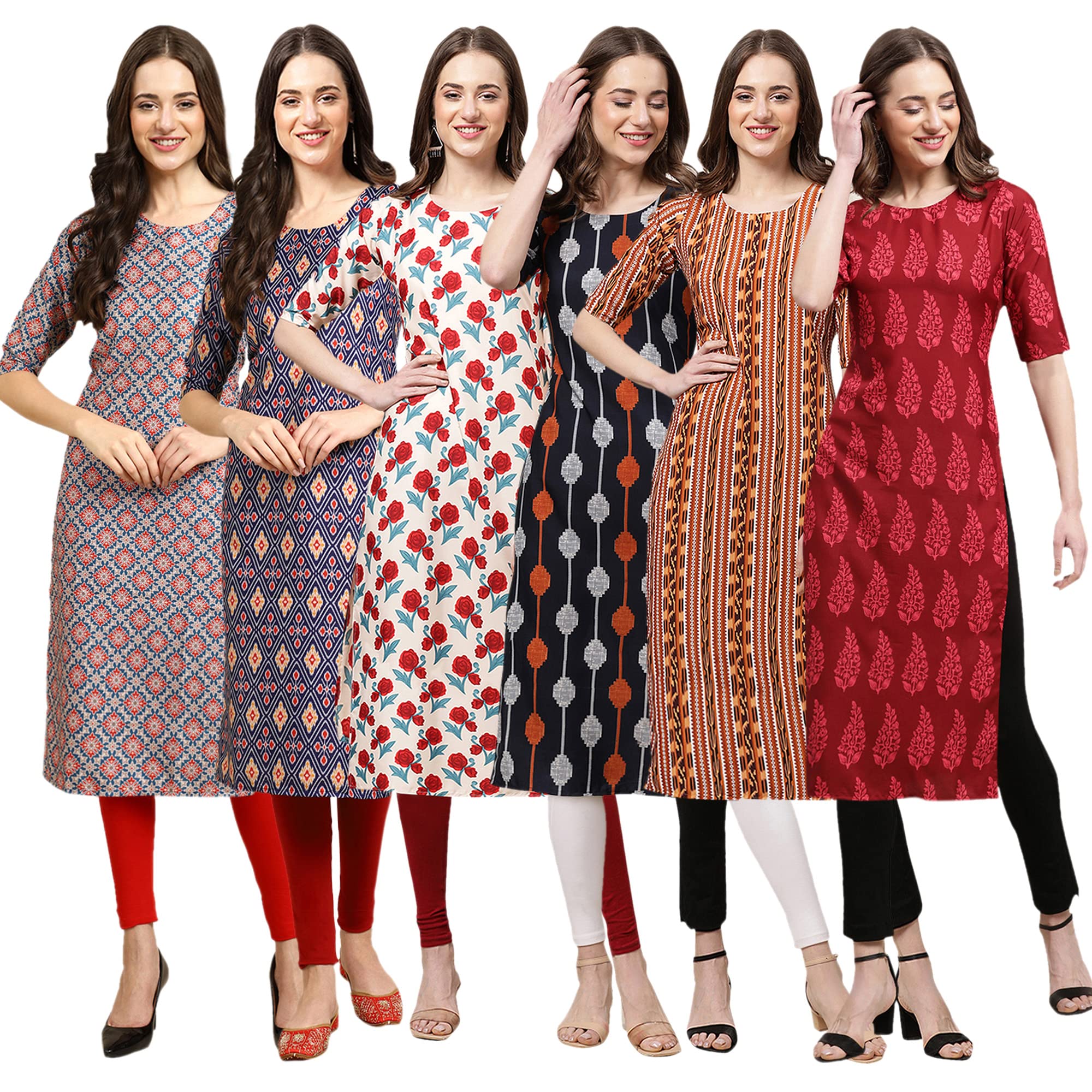 Pinkmint Women's Crepe Digital Print Straight Kurta(Pack Of 6)[Qv-372-358-342-330-344-337-Xl]