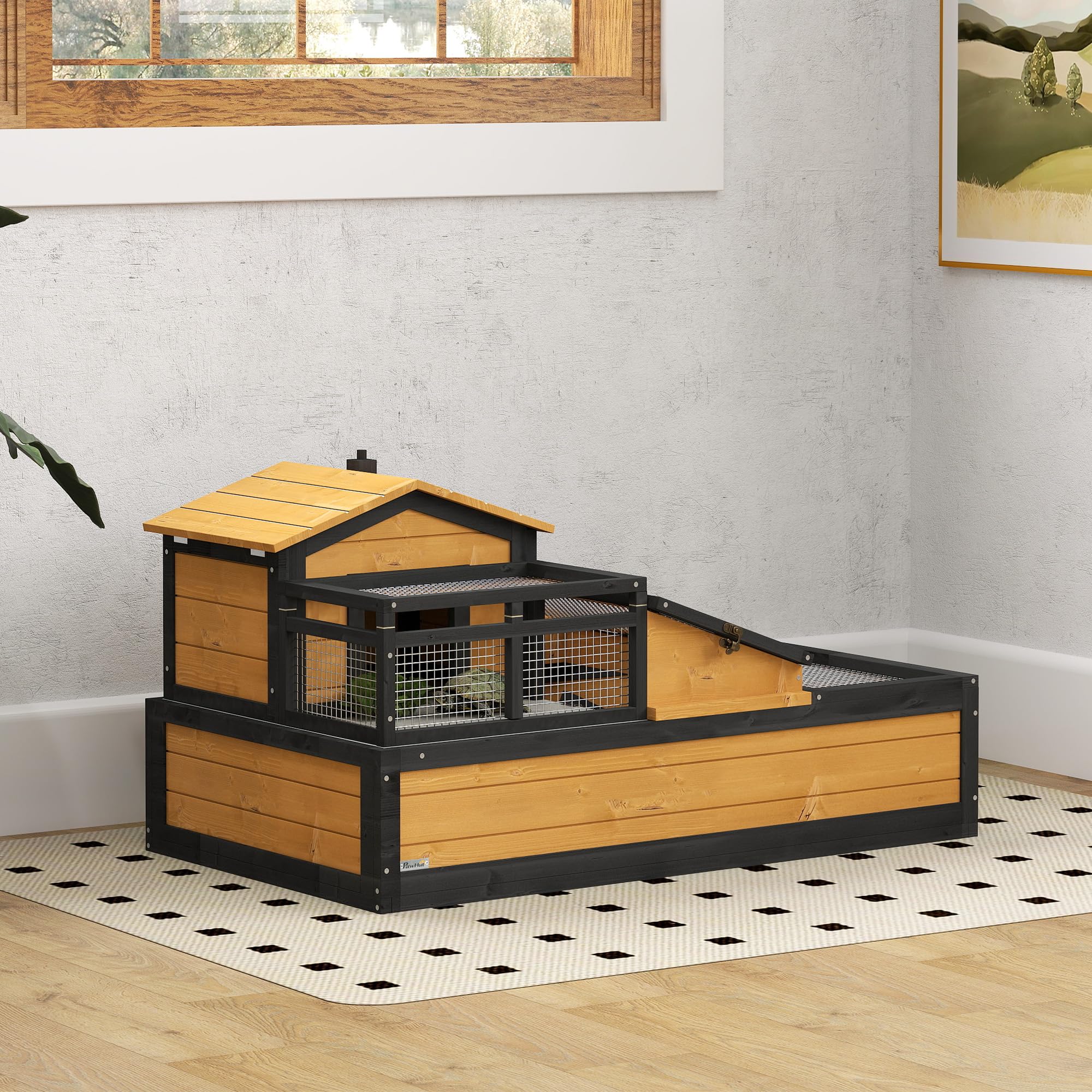 PawHut tortuguera de Madera, recinto para Tortugas con Dos Niveles, Tapa abatible, balcón, Jaula Exterior para Reptiles pequeños 112 x 65 x 60 cm, Amarillo | Recinto para tortugas, casas principales, jaula de reptiles al aire libre, techo abierto, terrari