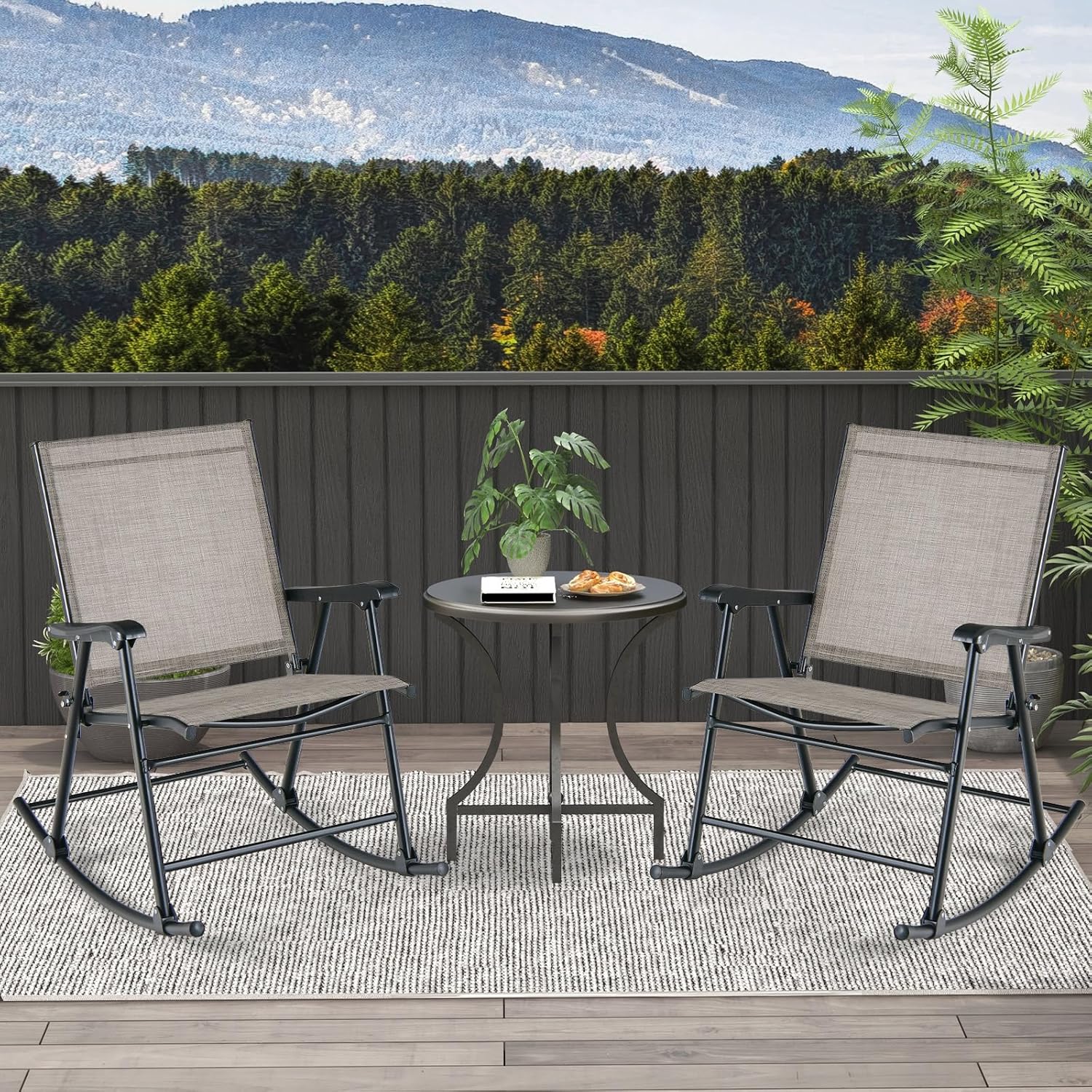 Tangkula Folding Rocking Chairs Set of 2, Patio Rockers with Breathable Seat Fabric & Sturdy Metal Frame, Smooth Rocking Motion, Heavy-Duty Outdoor Rocker for Backyard, Front Porch