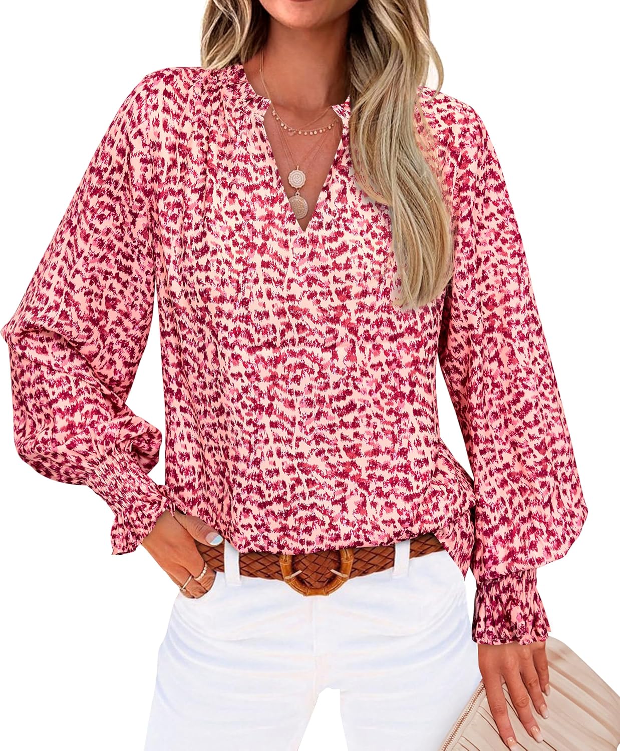 MASCOMODA Womens V Neck Floral Long Sleeve Tops 2026 Summer Casual Loose Puff Sleeve Chiffon Boho Work Blouse Dressy T Shirts