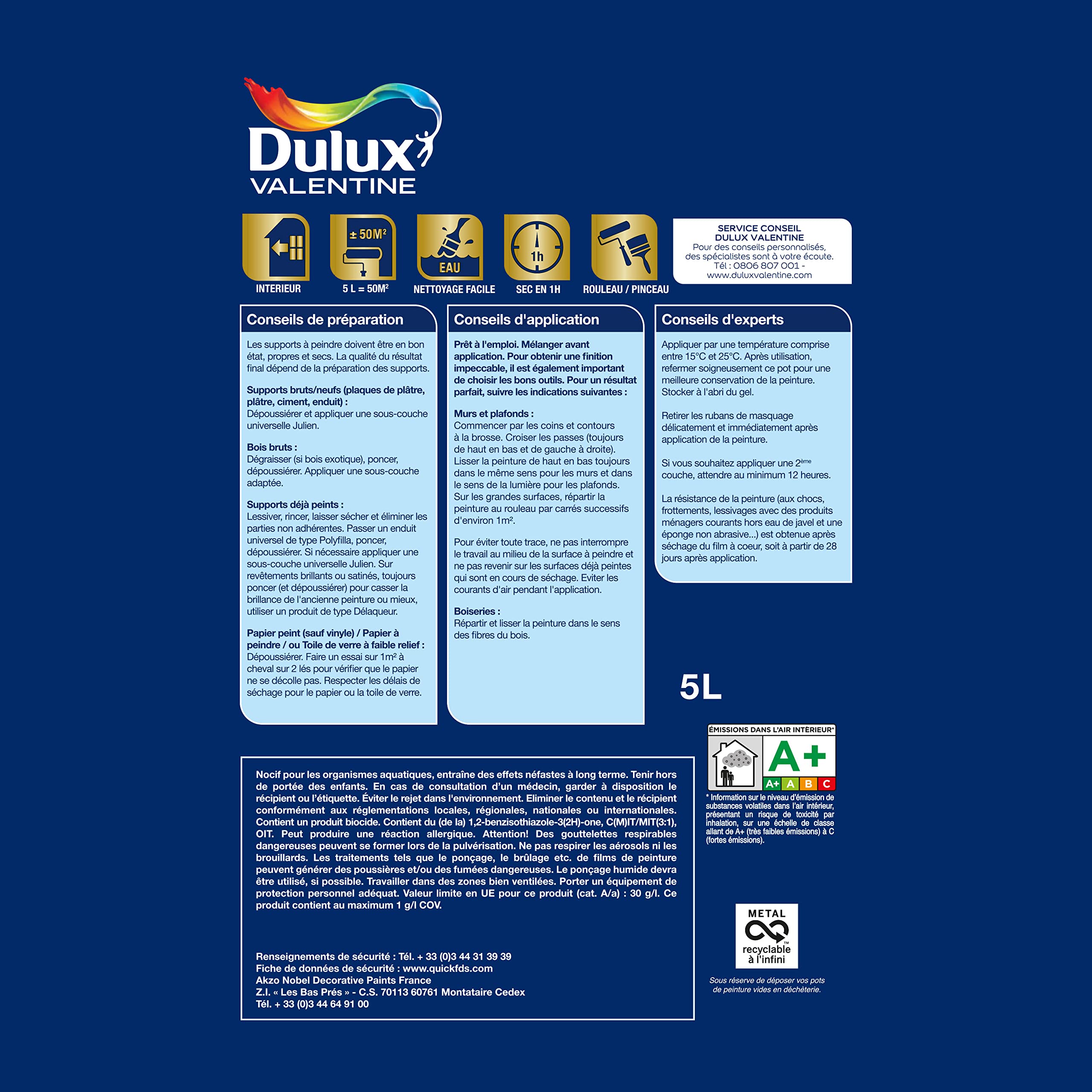 Dulux Valentine Le Blanc Haute Resistance - Peinture Intérieure Murs, Plafonds et Boiseries - Pièces sèches et humides - Mat Blanc 5 L