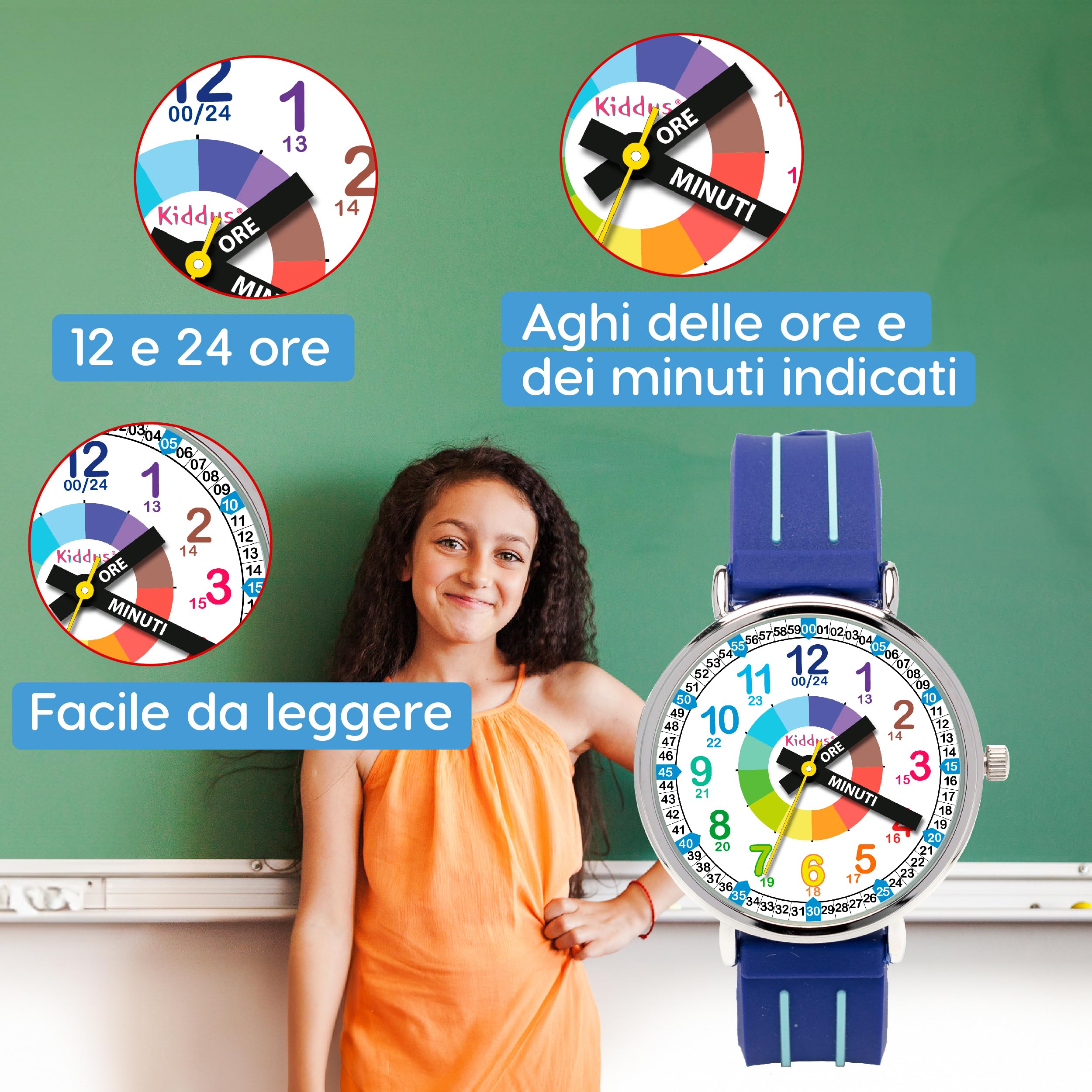 Kiddus Orologio Educativo per Bambino e Bambina dai 5 ai 10 Anni, Impermeabile 5ATM, Orologio Analogico Didattico per Imparare l'Ora, Movimento Giapponese