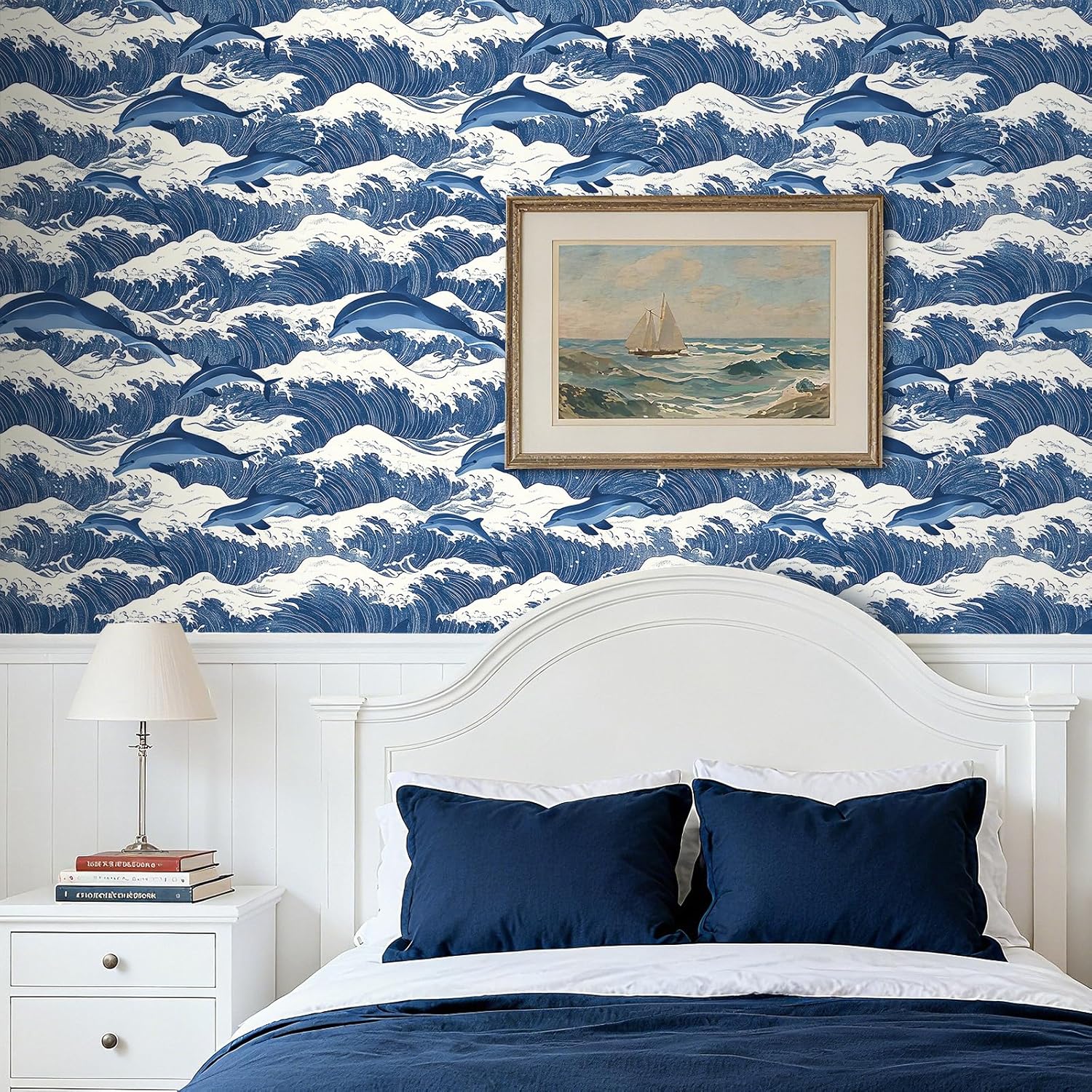 LACHEERY Vintage Ocean Wallpaper Stick and Peel Japanese Wave Wallpaper Peel and Stick Blue Dolphin Animal Wall Paper Blue Contact Paper for Bathroom Bedroom Walls Cabinets Waterproof Mural 17.5"x79"