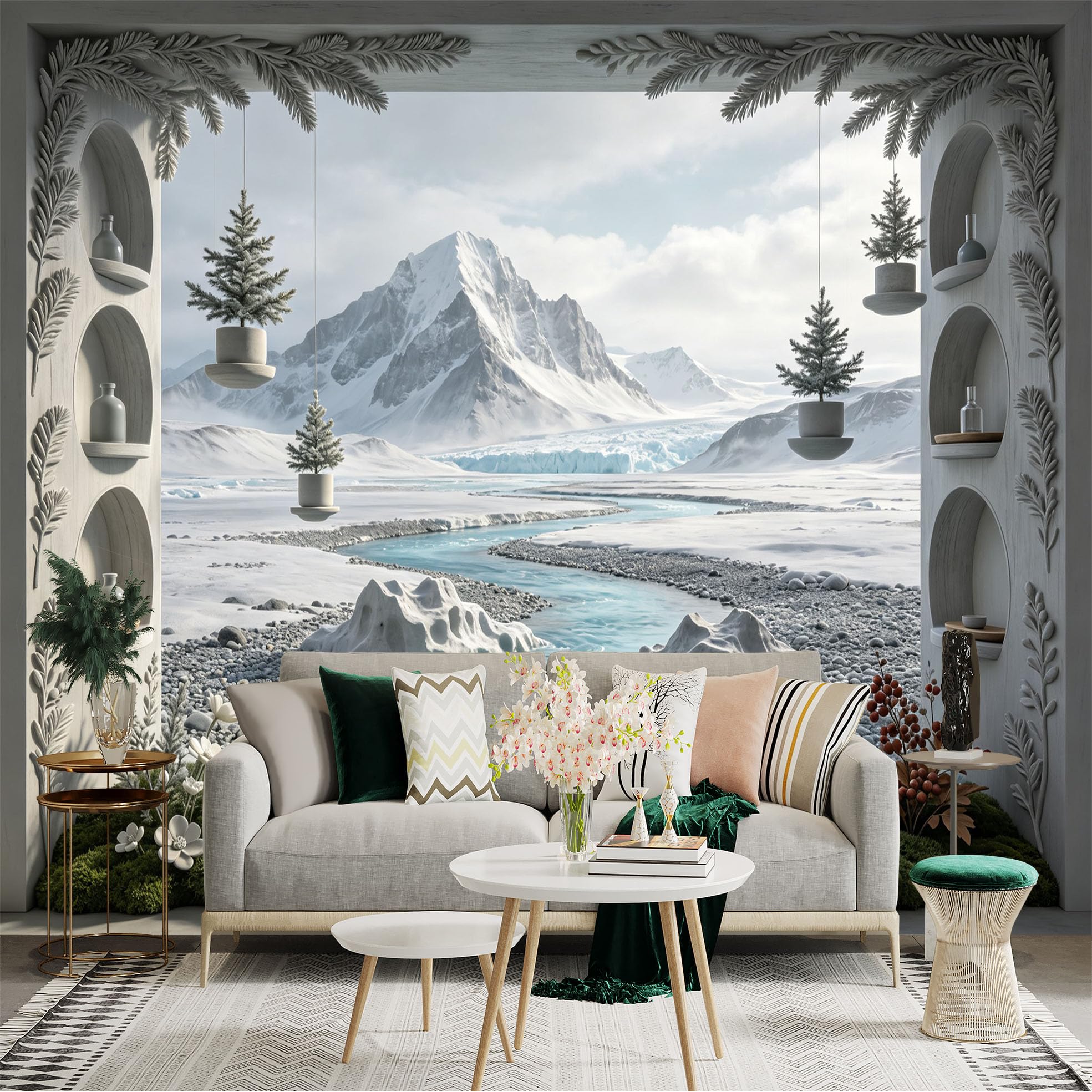 Lnzczhyre Bh260719435 Custom Size Wall Sticker Mural， Snowy Mountain Peak， Frozen River， Winter Landscape， Arch Window View， For Wall Decoration， Peelandstick Wall Decals.