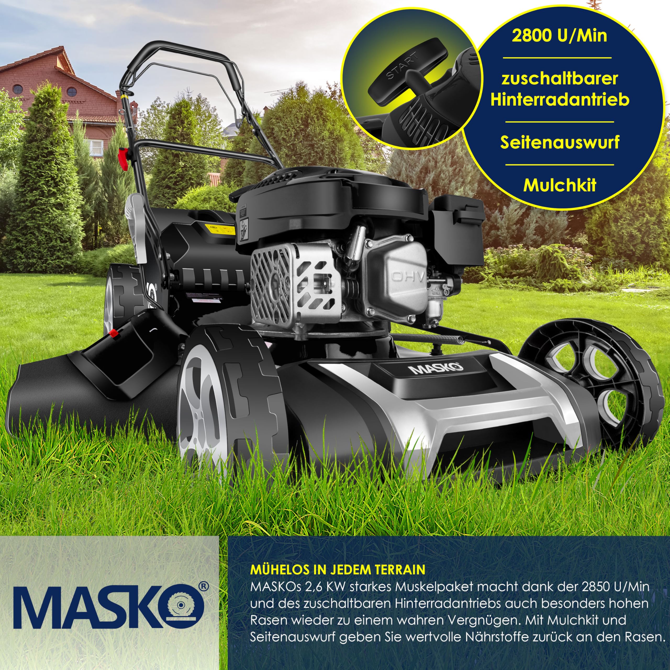MASKO® Benzin Rasenmäher 5in1 | 51 cm Schnittbreite | 8- fache Schnitthöhenverstellung | 4 Takt OHV Motor 6,0 PS | 65 Liter Fangkorb| Inkl. Mulch- Kit, Seitenauswurf