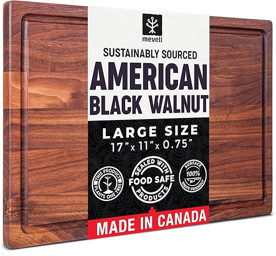 Walnut Wood Cutting Board for Kitchen, Reversible Wooden Chopping Board With Juice Grooves, Made in Canada (Walnut, 17x11x0.75)