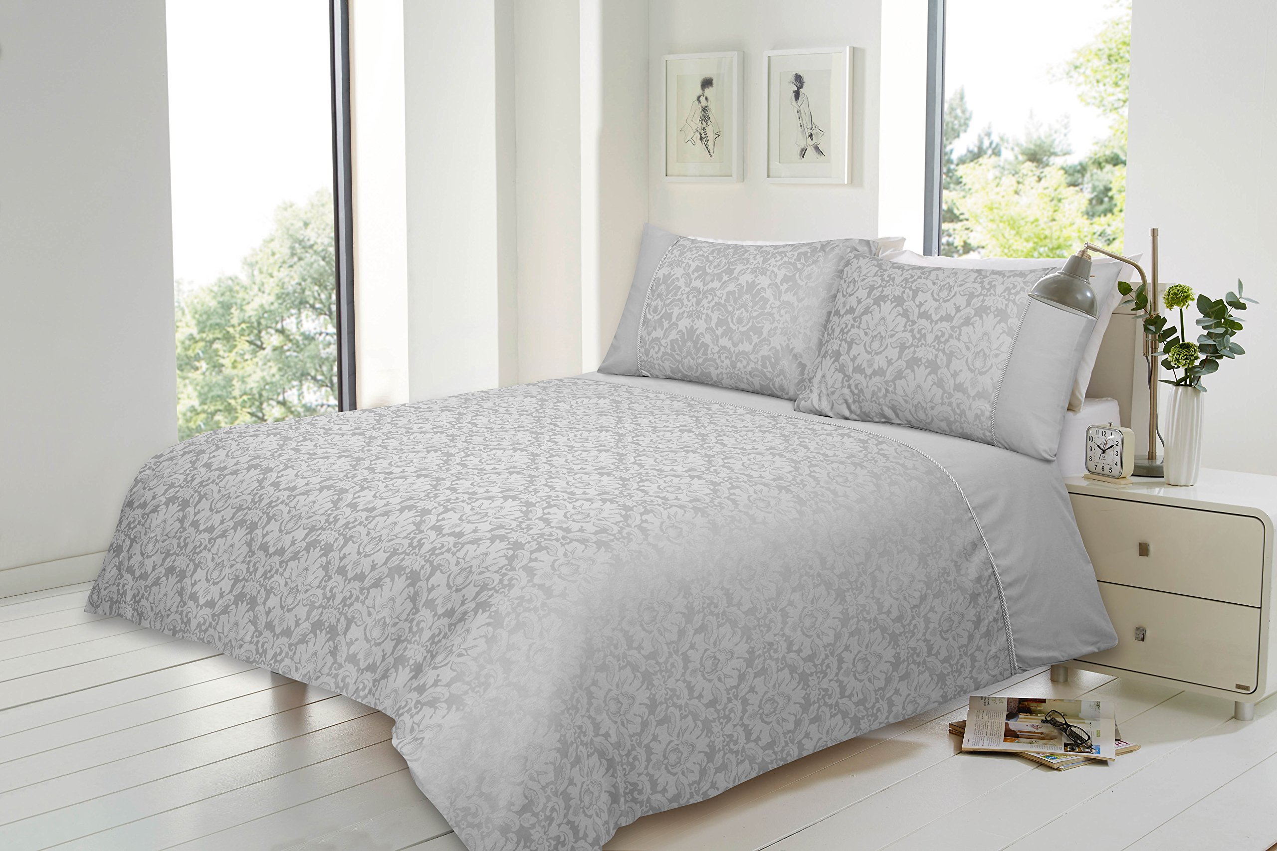 Olivia Rocco Silver Savoy Jacquard Luxurious Duvet Cover Sets Quilt Cover Sets Bedding Sets (, Double)