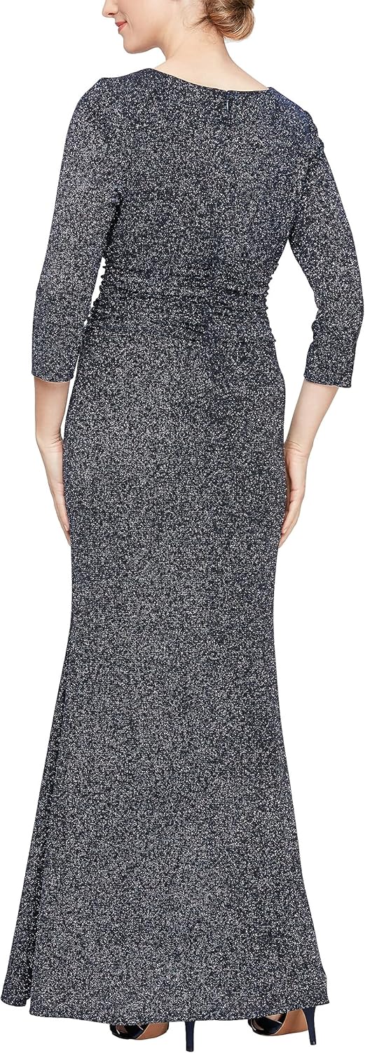 S.L. Fashions Women's Long Metallic Side Ruched Mother of The Bride Dress with Slit (Petite and Regular Sizes)