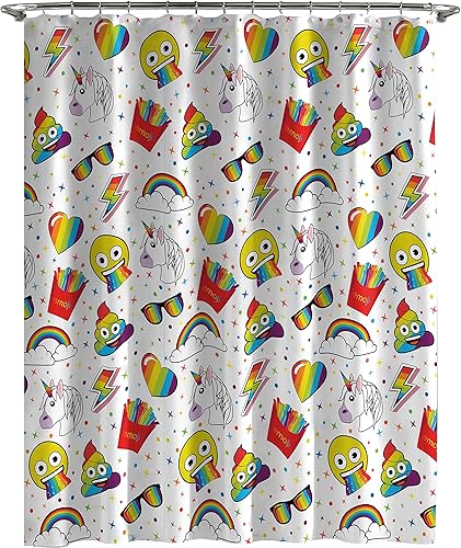 Jay Franco Cortina de ducha Emoji con arcoíris y unicornios, fácil de usar, baño para niños con arco iris, corazones y emoji de unicornio (producto