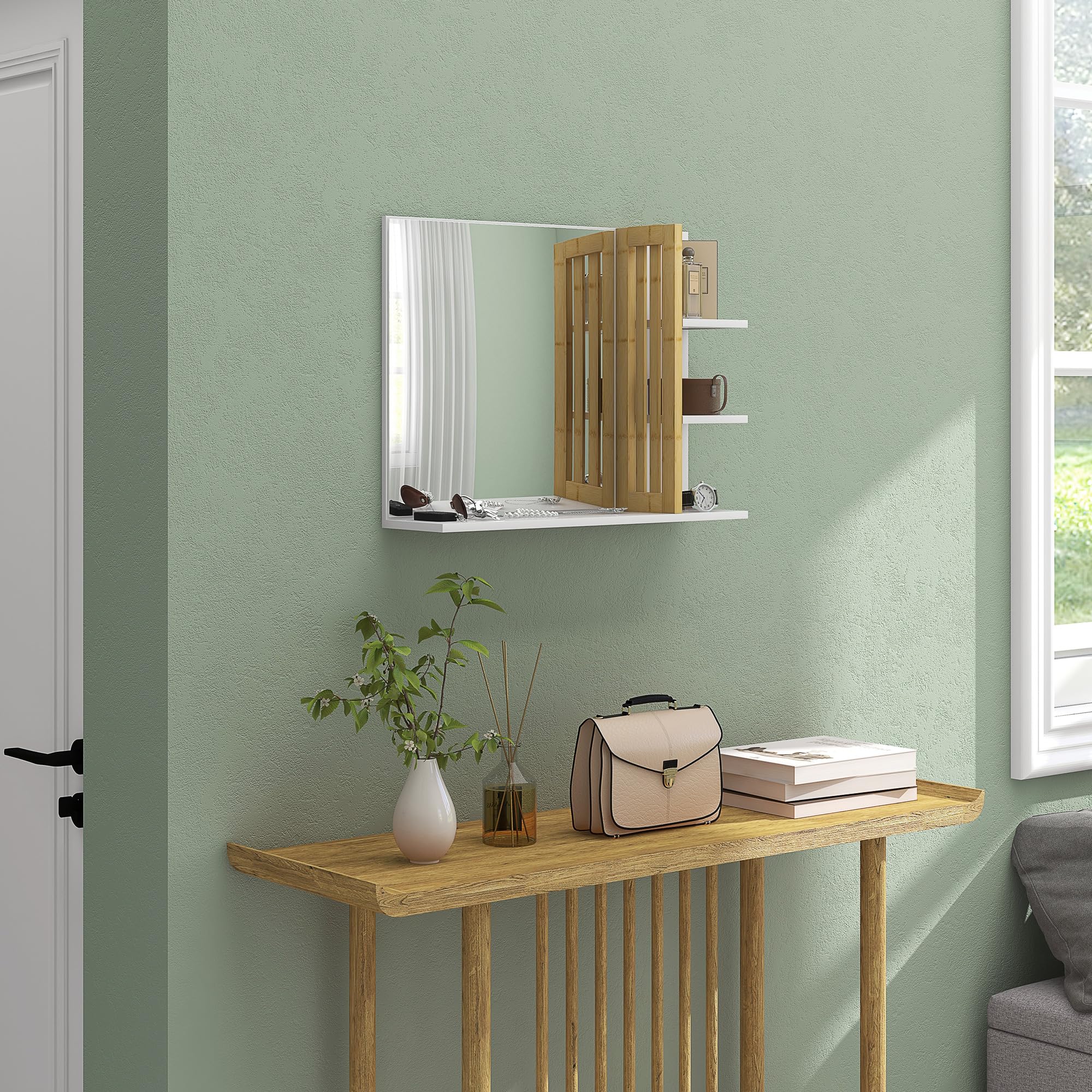 HOMCOM Miroir Mural de Salle de Bain avec étagères de Rangement - 3 étagères latérales + 1 étagère inférieure - Bois de Bambou Blanc