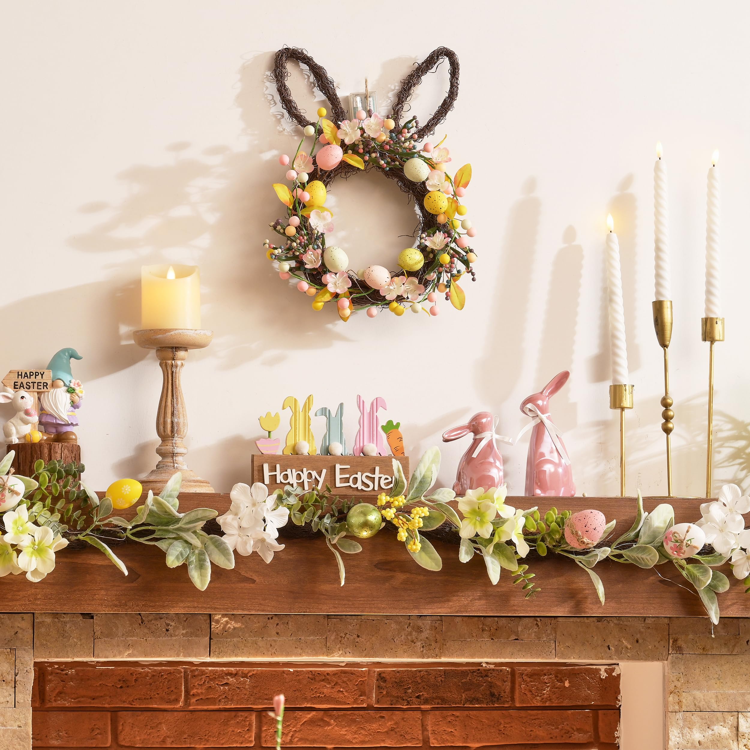 Valery Madelyn Ghirlanda di coniglietti pasquali per porta d'ingresso con luci, ghirlanda di coniglio pasquale decorazione con uova pastello, ghirlanda artificiale primaverile per casa, interni ed