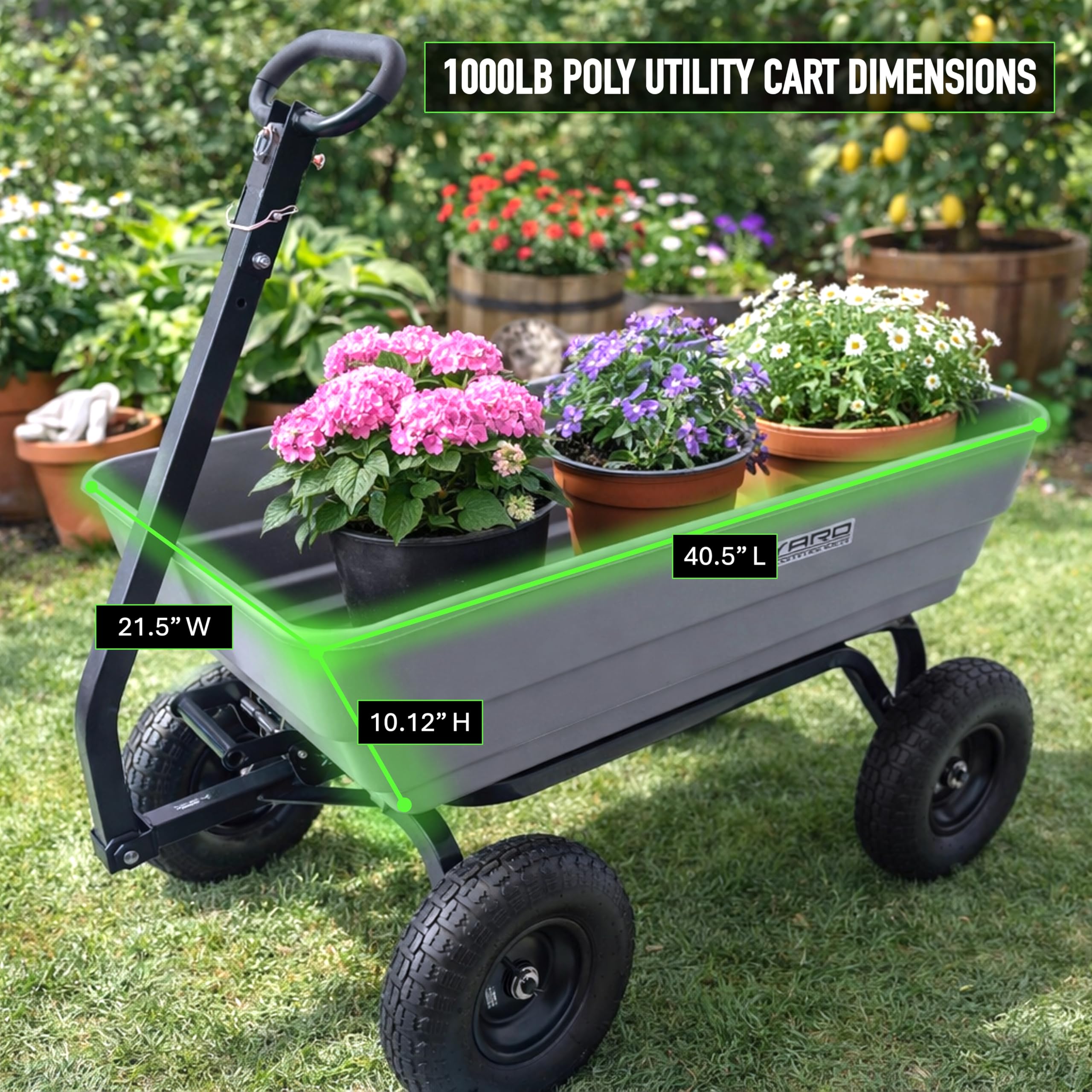 Yard Commander - 453.6 kg Poly Dump Cart, Heavy Duty Holowany Ogród Utility Cart z 6 Cu. Łóżko zrzutowe, 13-calowe pneumatyczne opony terenowe, uchwyt 2 w 1, holowniczy wózek ATV i traktor trawnikowy