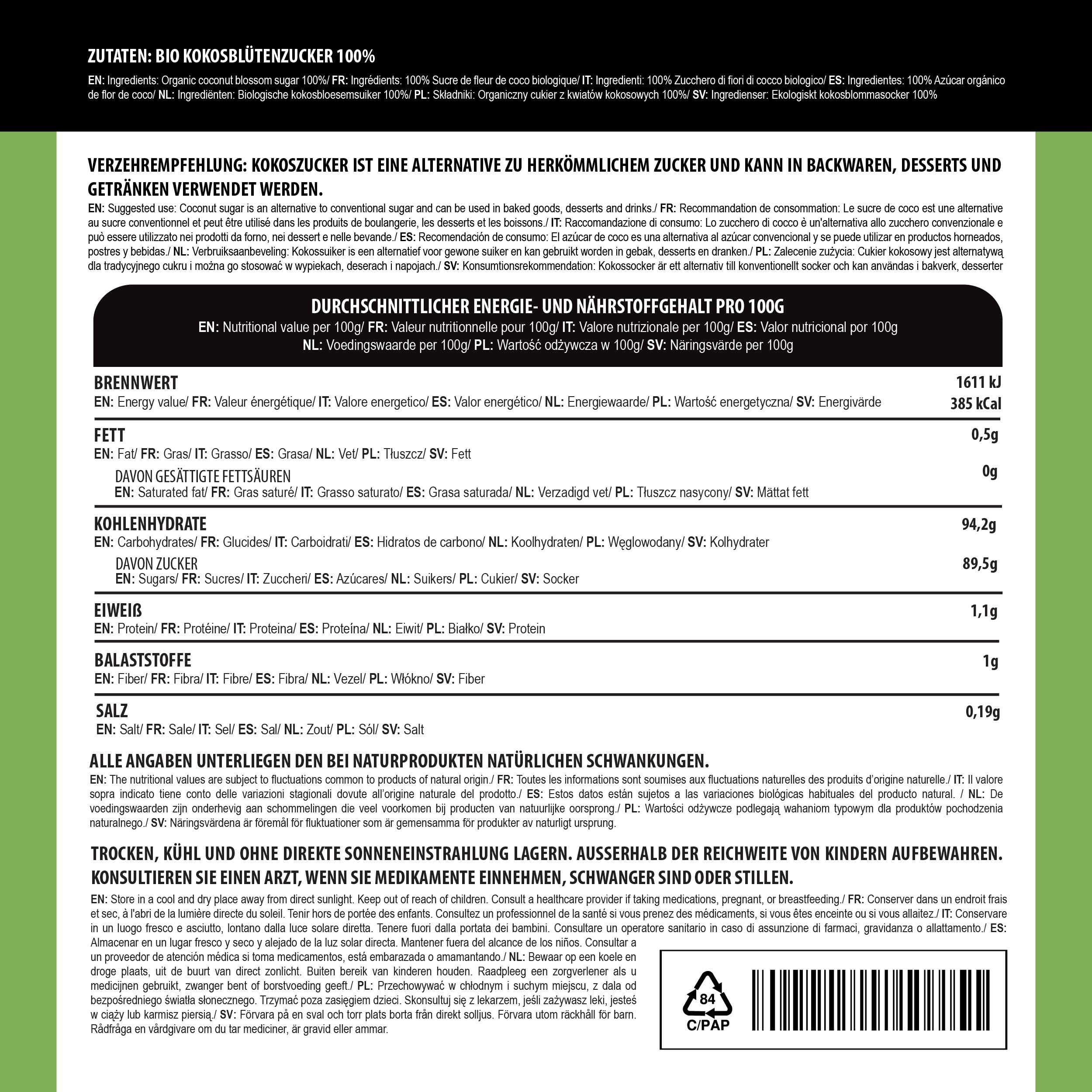 Alpi Nature Azúcar de Coco Orgánico sin Refinar 1kg, Azúcar de Flor de Nectar de Coco