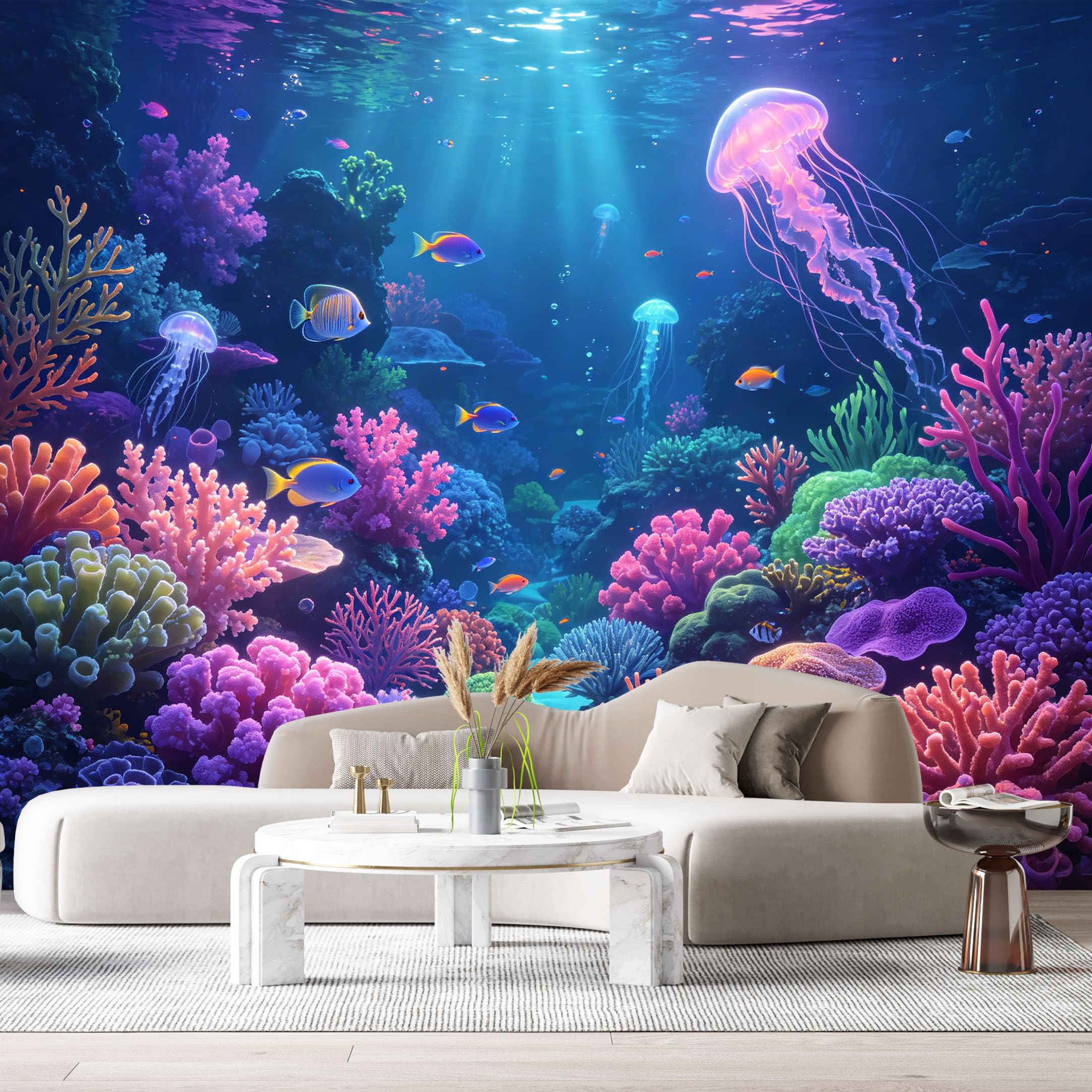 Custom Size Wall Murals Ocean Marine Jellyfish Coral Reef Vibrant Underwater World SelfAdhesive Wall Fabric Removable Large Wallpaper for Photo Living Room