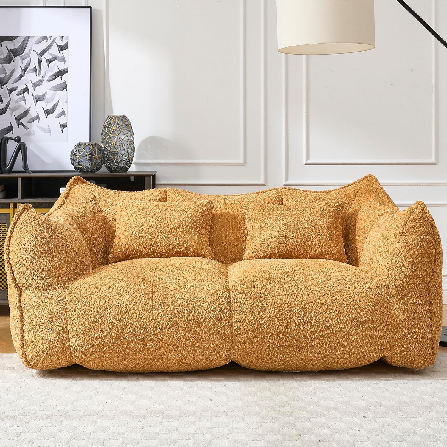 73" W Chenille Beanbag Chair, 2-Seater Bean Bag Sofa with Spacious Design, Loveseat Fireside Chair for Adults, Compression Sofa with 2 Pillows for Living Room, No Assembly Required (Yellow)