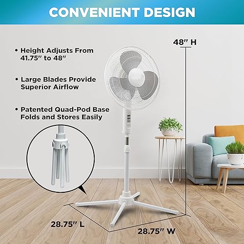 Miniatura 5 de EZ-CHILL Ventilador de pedestal oscilante de 16", opciones de 3 velocidades, cabezal oscilante de 90 grados, altura e inclinación ajustables, flujo