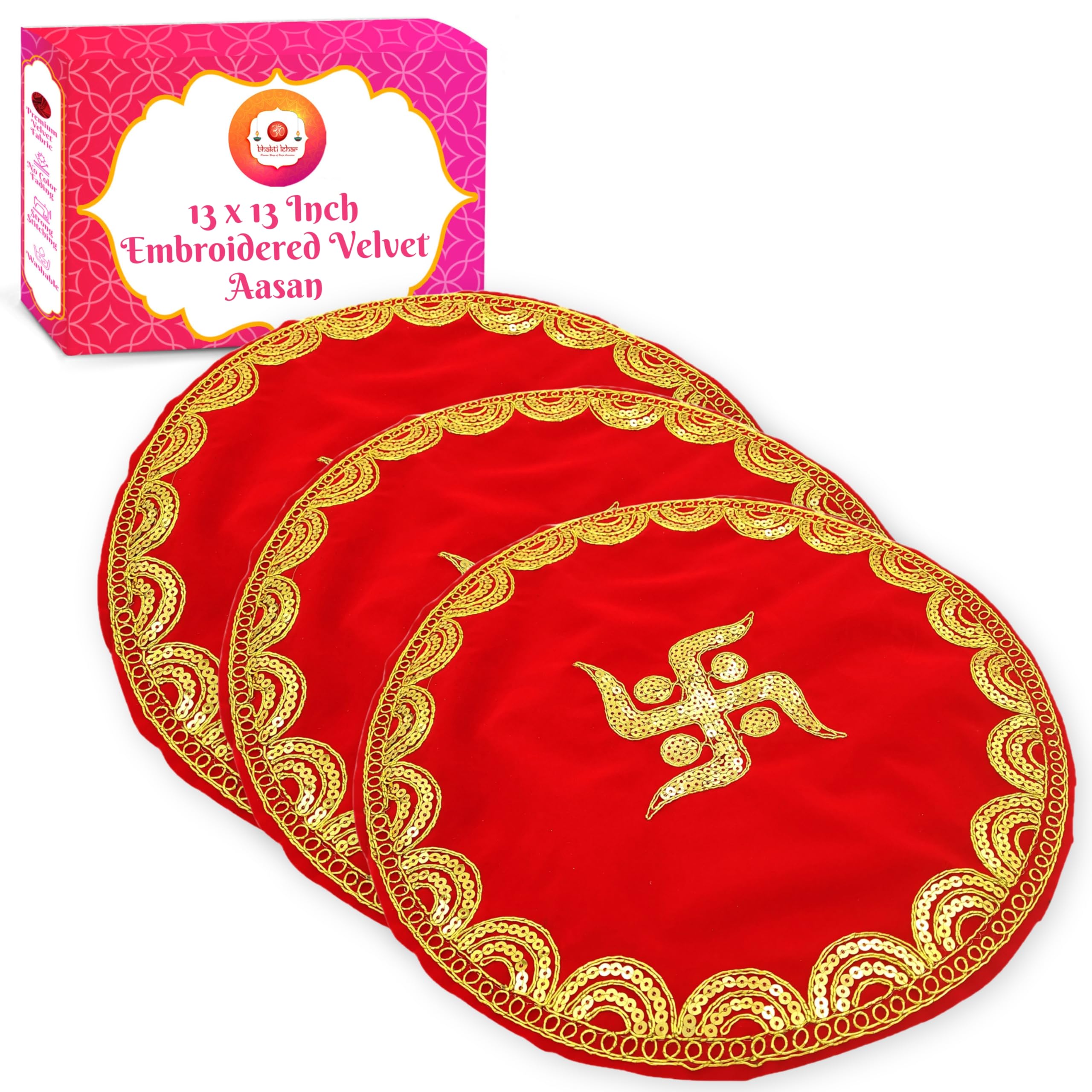 Bhakti Lehar (Size: 13 Inches) Round Velvet Aasan Mat for Puja Mandir/Prasad Thal Posh Thali Cover with Swastik Embroidery Jari Design for Diwali, Navratri and Various Puja Rituals (Pack of 3)