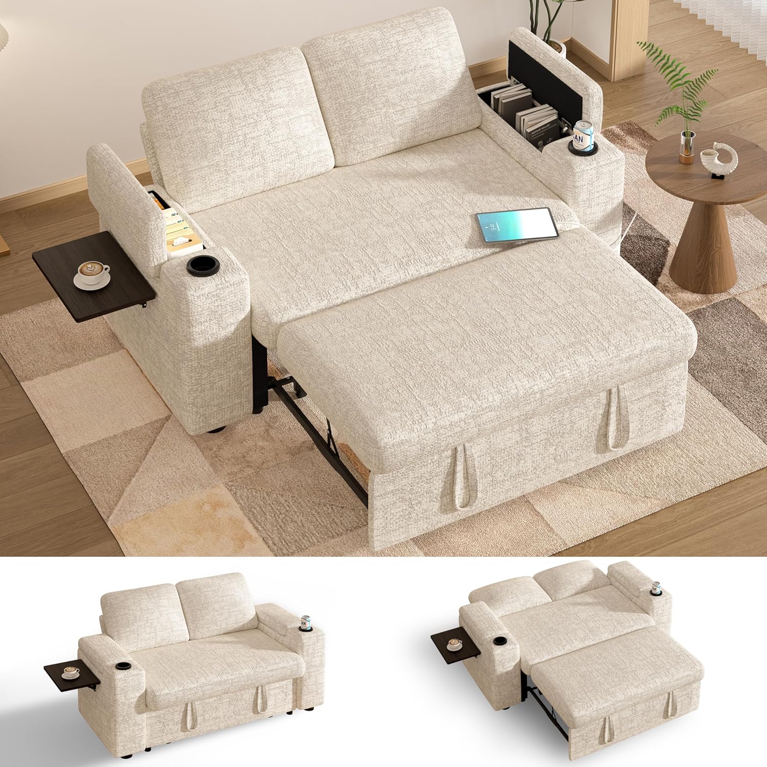 Vipbear 65" Loveseat Sleeper Sofa with Pull Out Bed, Chenille 3-in-1 Convertible Sofa Bed with Reclining Backrest|USB Ports|Cup Holders|Side Table|Storage Armrests, Tool Free Assembly, Beige