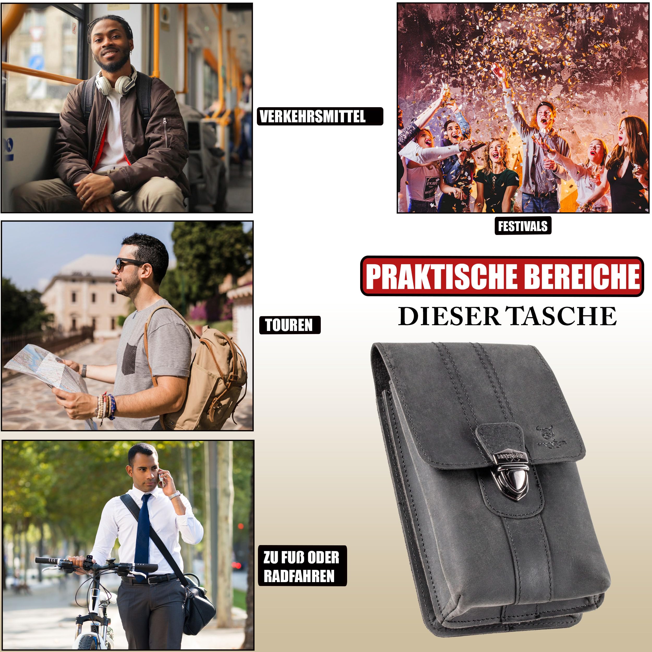 MATADOR Handy Gürteltasche Leder #Malaga XL, Geräumige Gürteltasche mit Doppelfach, Elegante Handy Tasche Gürtel für Smartphone bis 7,5 Zoll, praktisch für Alltag in Schwarz Nappa