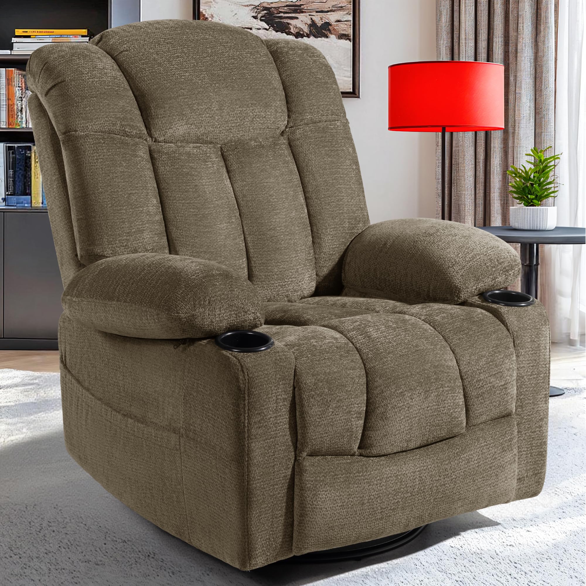 swivel rocker recliner chair for adults – manual glider sofa with massage, heat & vibration, 360° rocking for living room or nursery (light brown, 30"x30"x40") ( incomplete box b only)