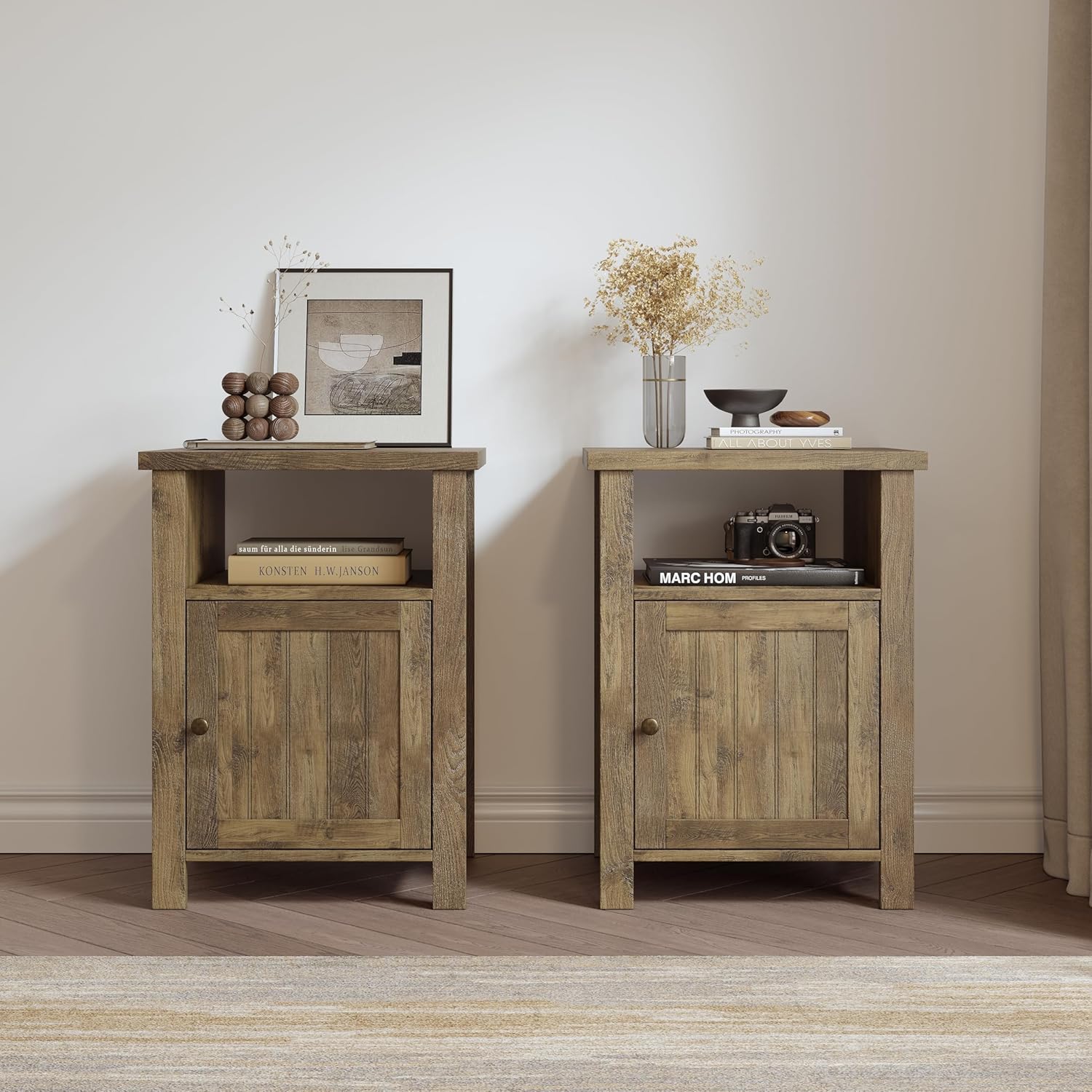 ChooChoo Farmhouse Nightstands Set of 2, Rustic Vintage End Side Table with Storage for Bedroom Living Room, White Oak 13.8''D×15.8''W×23.6''H White Oak 2