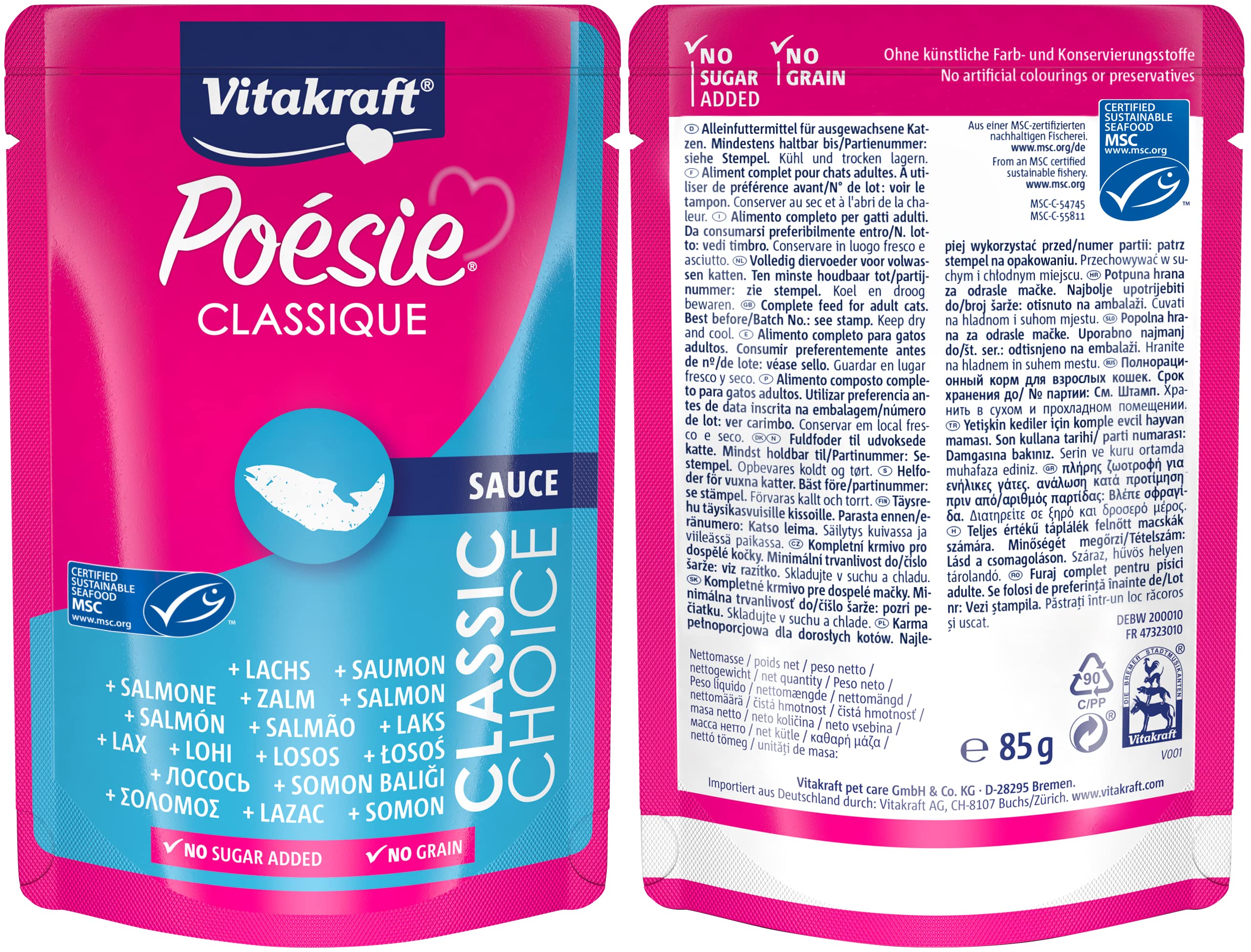 Vitakraft Poésie Classique, karma dla kotów mokra, w opakowaniu zbiorczym, z kurczakiem, indykiem i wołowiną, z łososiem ze znakiem MSC, bez dodatku cukru i zbóż, wielkość zapasowa (1 opakowanie po 12