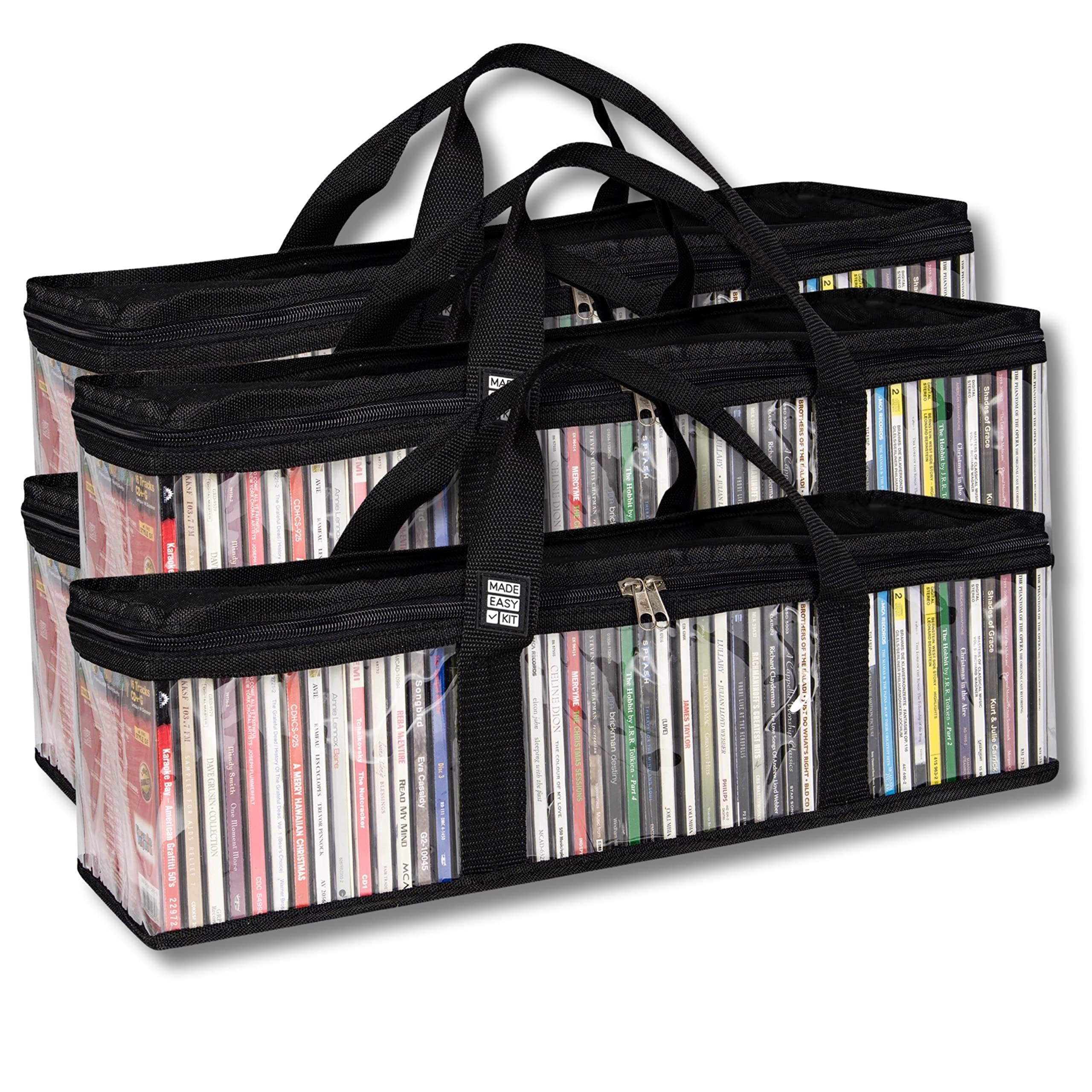 Made Easy Kit CD Media Storage Bag Case - Clear See Though PVC Organizer With Triple-Stitched Handles and Dividers - Stackable, Space-Saving, Fits 50 CDs (Black, 4 Bags)