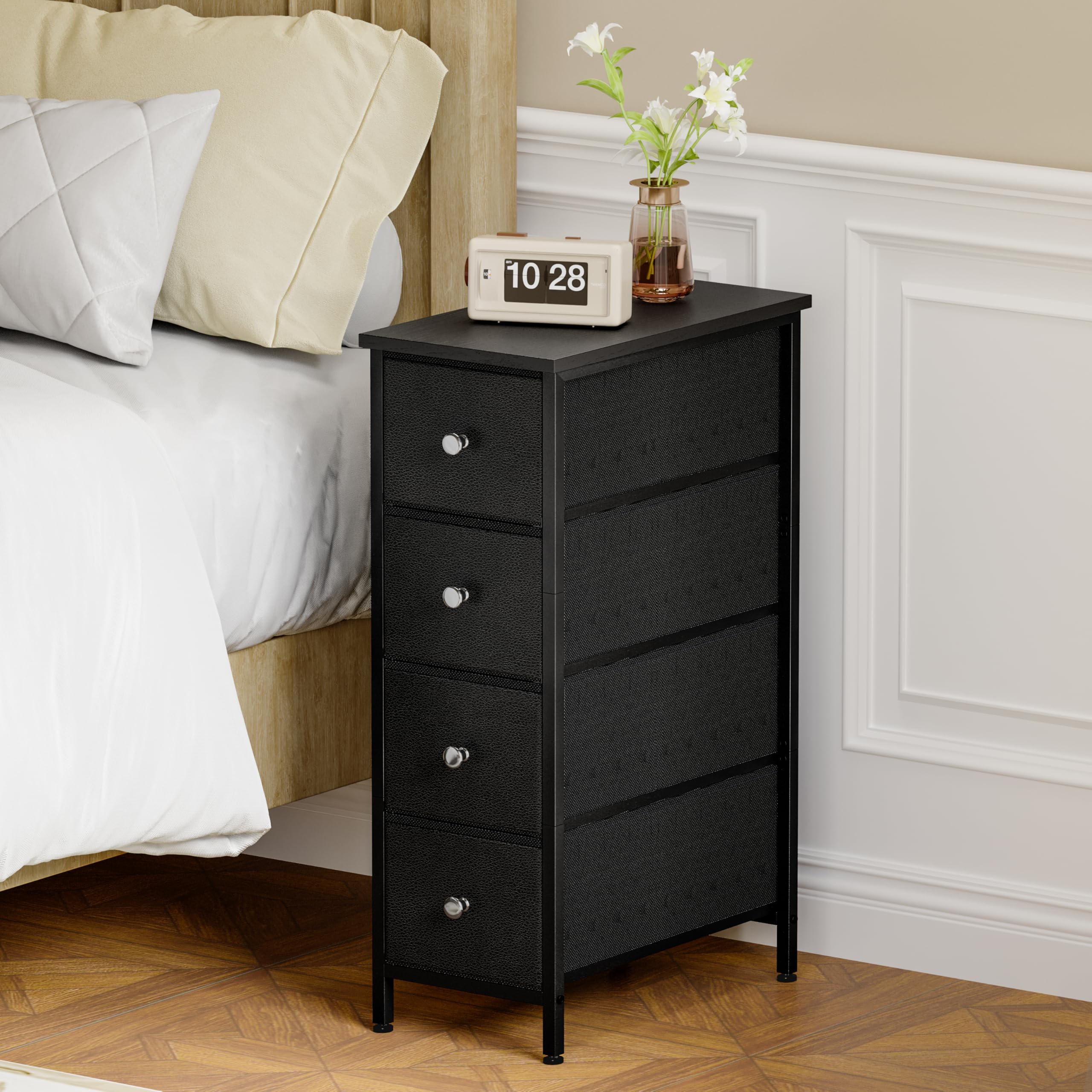 Fixwal Narrow Storage Cabinet, Small Dresser with 4 Drawers, Slim Fabric Dresser Storage for Small Spaces, Black Nightstand Side Table for Bedroom,