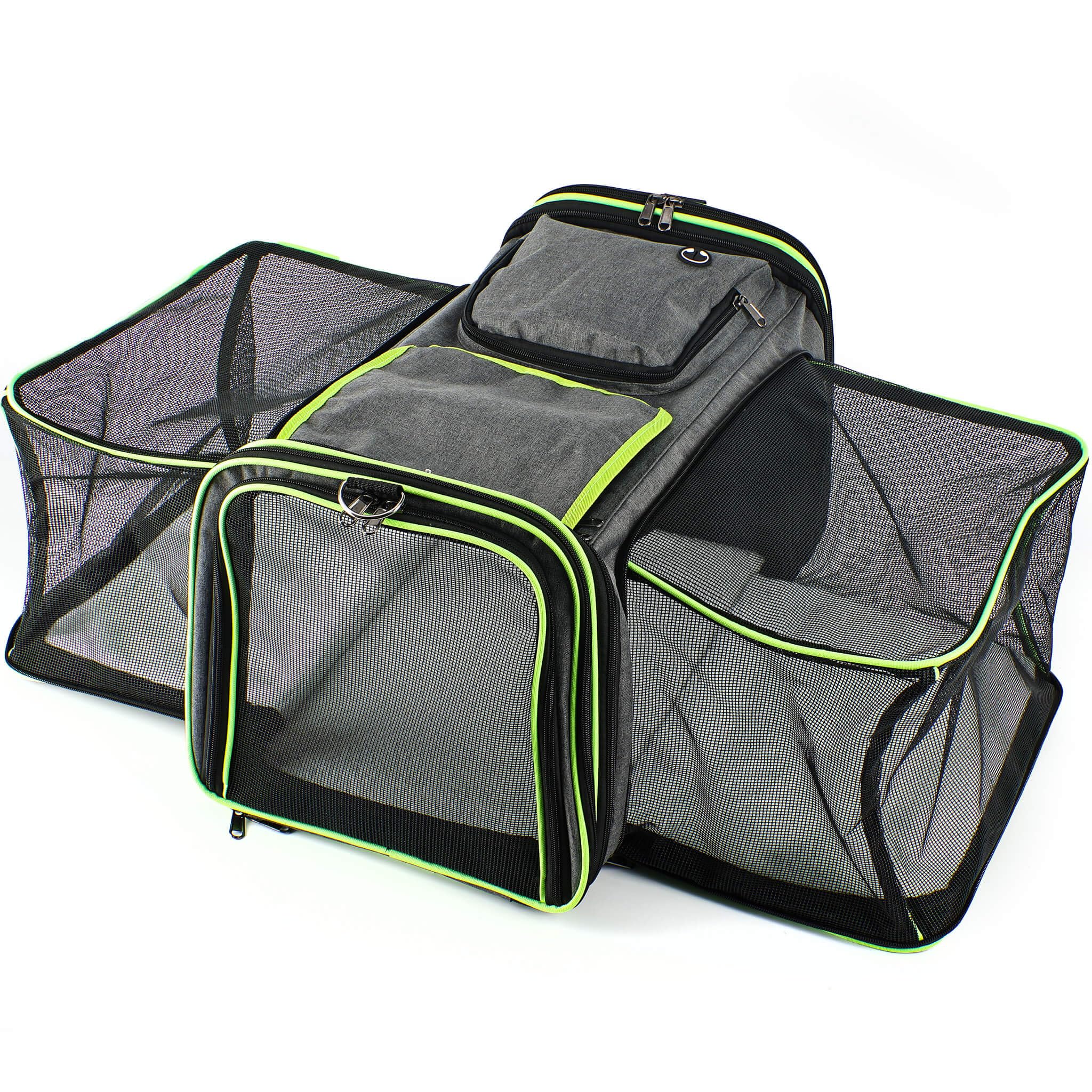 SOLDAY Erweiterbare Katzentransportbox für 2 Katzen, Flugtauglich, 8 kg | Faltbare Katzen Transportboxen, 2-seitige Erweiterung, Multi Eingänge, selbstsichernde Reißverschlüsse, 48x30x31cm, Grau-Grün
