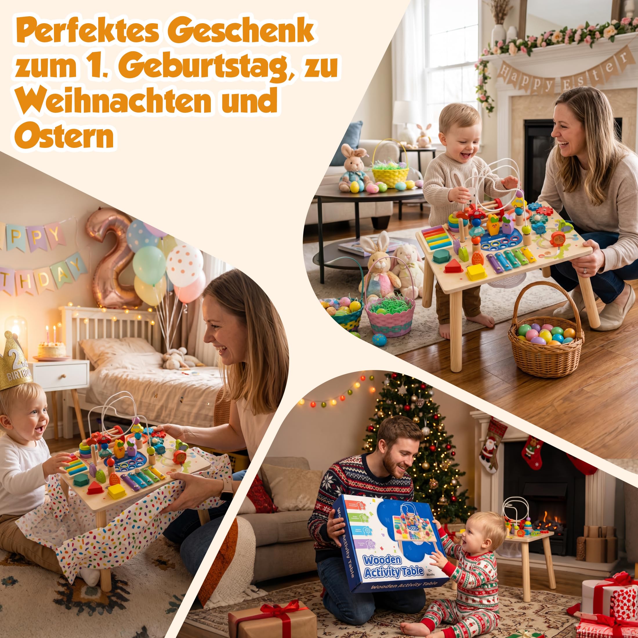 Montessori Spieltisch ab 1 Jahr aus Holz, 12-in-1 Spielzeug Jungen Mädchen