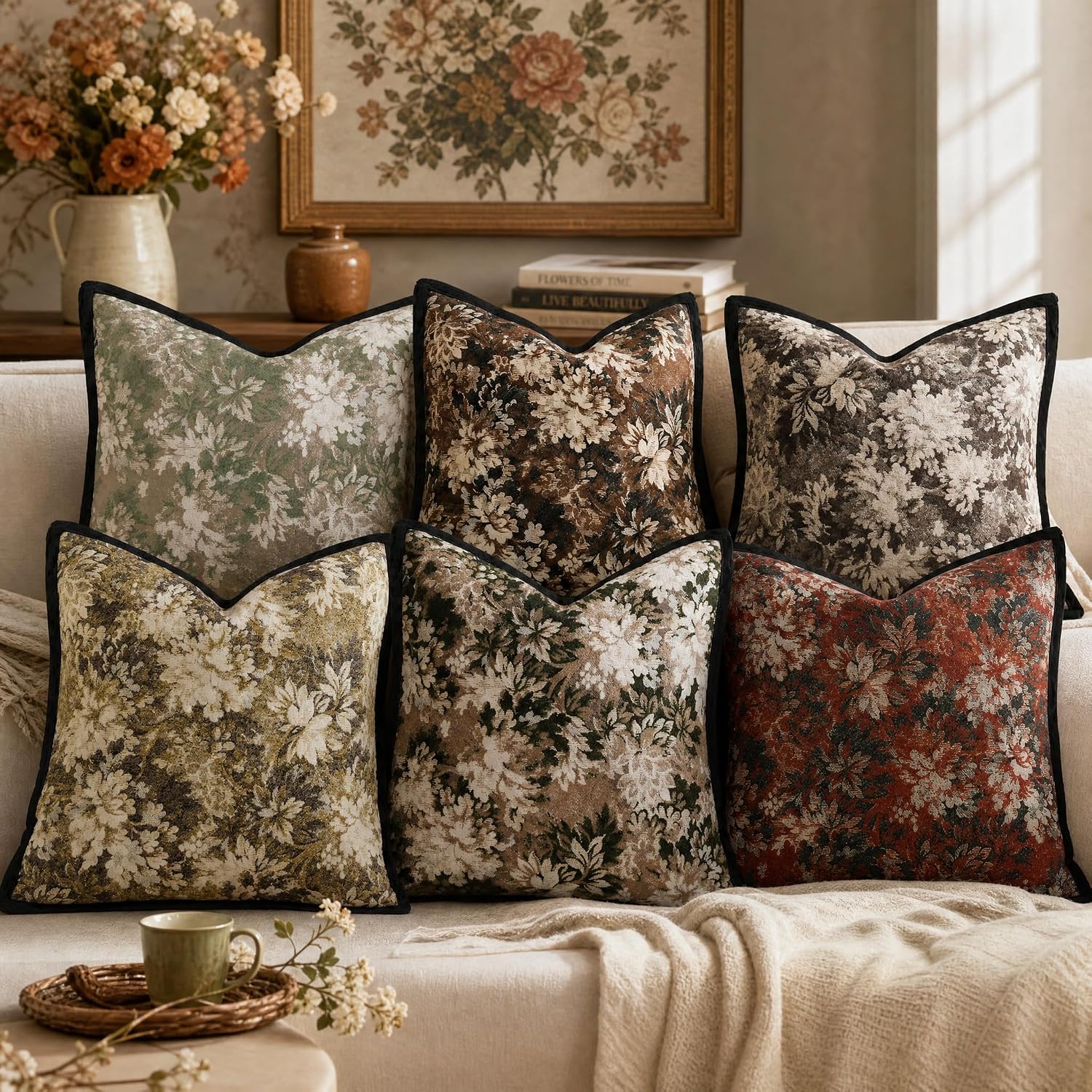 2 Pcs 18x18 Floral Chenille Throw Pillow Covers with Black Stitched Edge Soft Decorative Throw Covers for Sofa Bed Living Room Farmhouse Home Decor (Grey Brown)